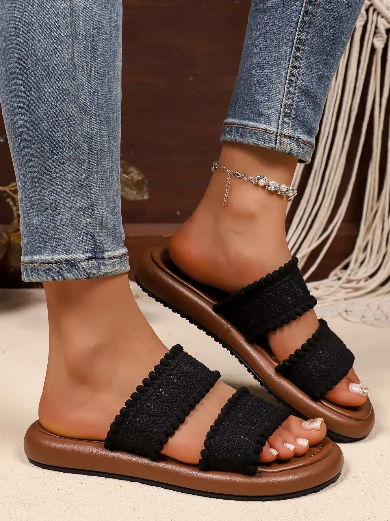 Vintage Knitted Crochet Women's Sandals, Dual Strap Bohemian Summer Beach Shoes, Flat Sole Comfortable Footwear for Outdoor Activities