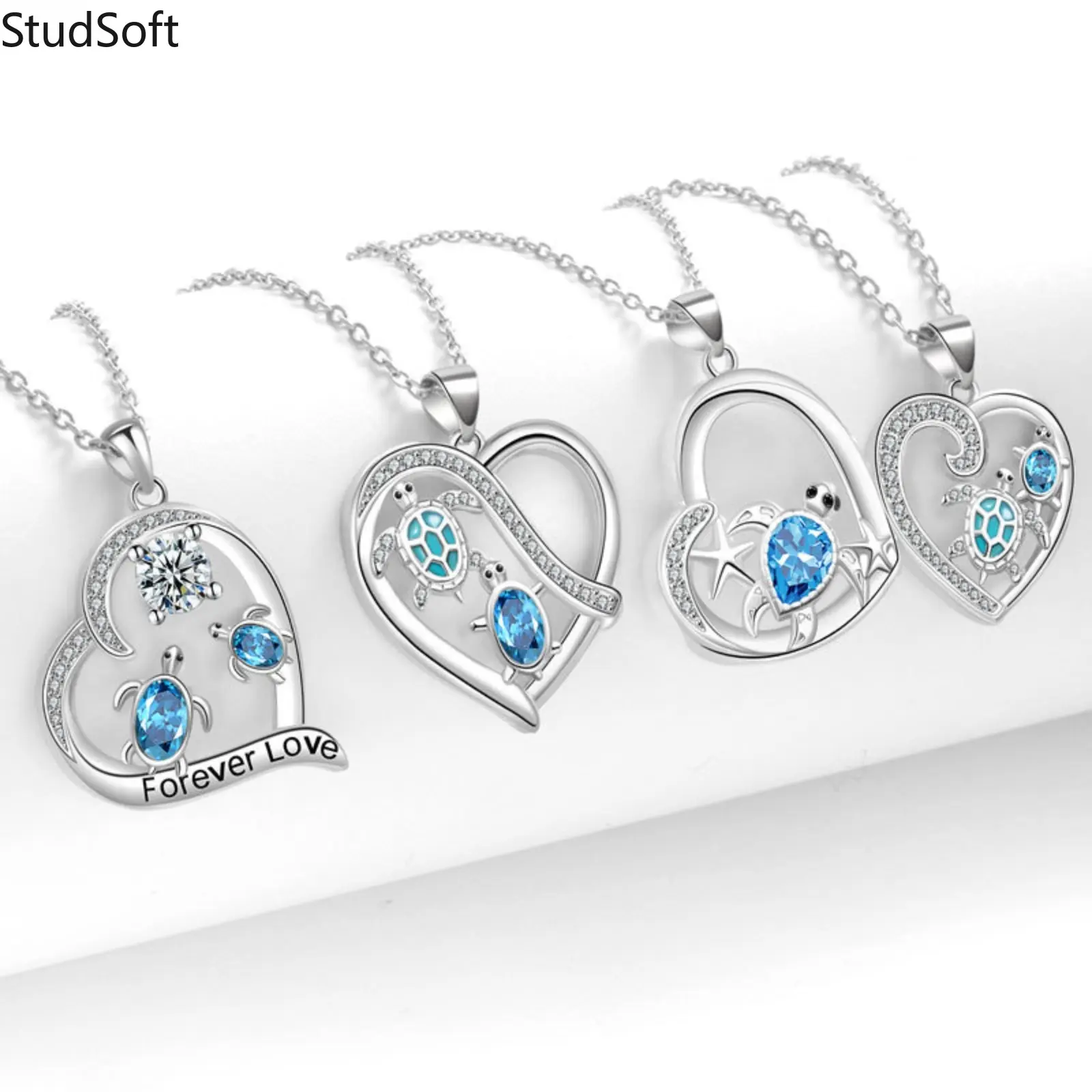 Women's Silver Sea Turtle Motif Choker Necklace, Blue Cubic Zirconia Heart Pendant, Cute Starfish Design, Ocean Animal Jewelry, Summer Vacation Gift