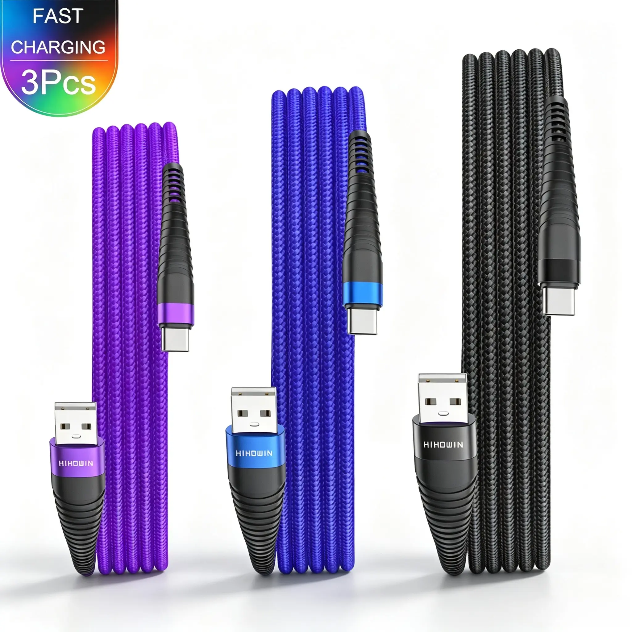 3Pcs USB Type-C Data Cable, Durable Braided Nylon USB-A to USB-C Charger, Compatible with iPhone & Samsung Galaxy Models