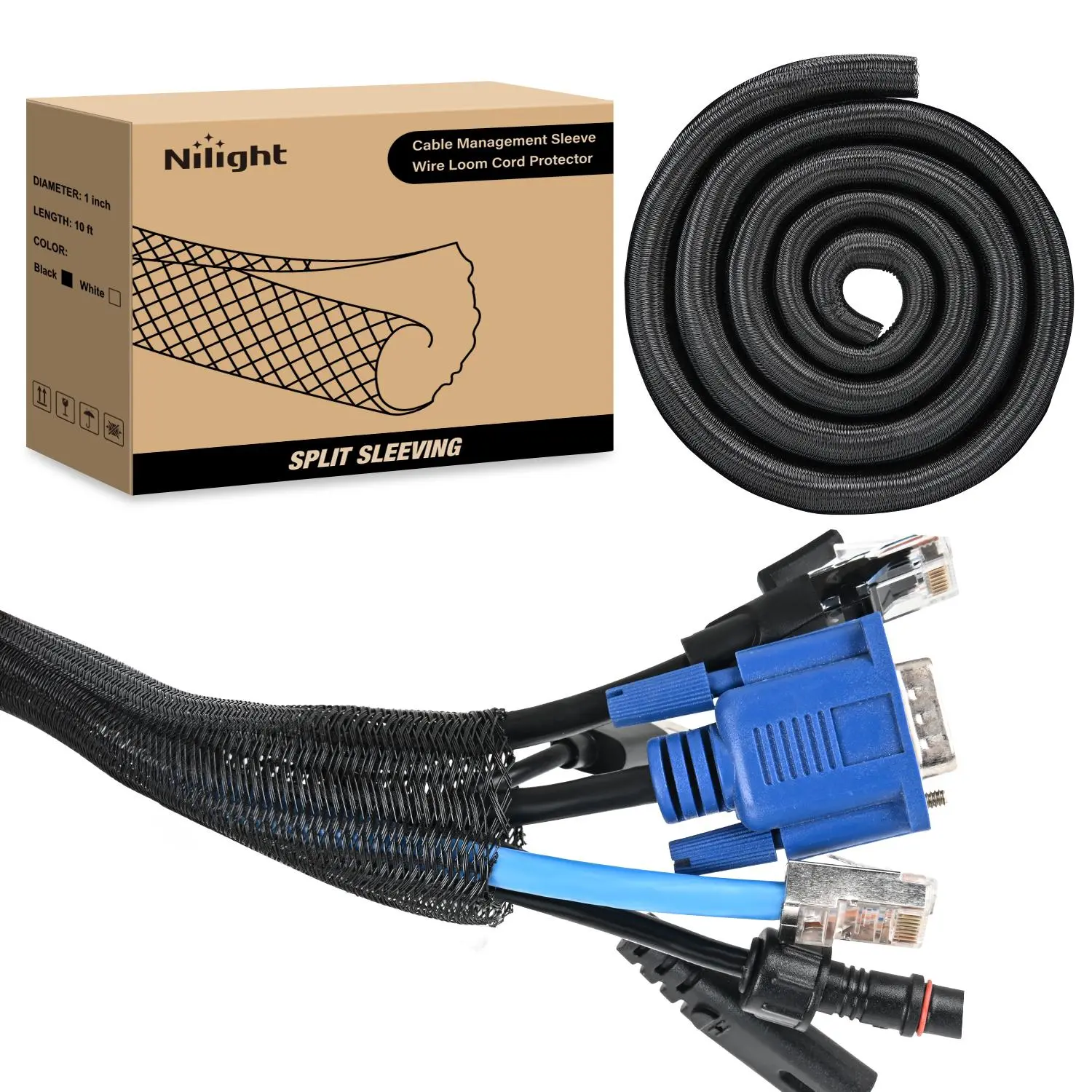 Nilight 1 Pc Split Self-Wrapping Polyester Cable Sleeve, 25ft-0.5in Braided Cut-to-Fit Wire Management Sleeve, Easy-to-Install Expandable Self-Closing High-Temperature Protector for Automotive, TV Harnesses (Protects Cables from Abrasion)