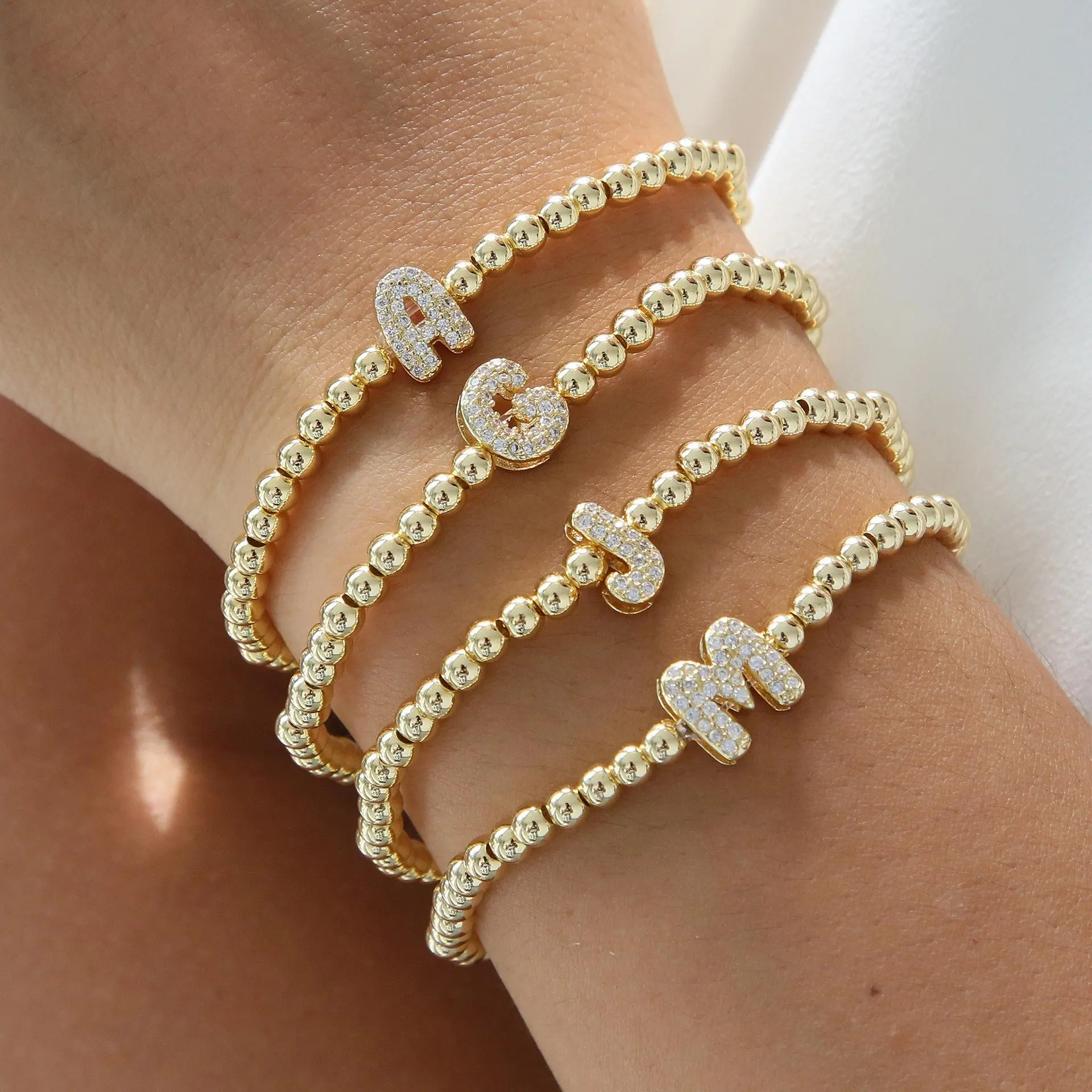 Trendy Golden Beaded Bracelet, Personalization Bubble Letter A-Z Initial Cubic Zirconia Elastic Beads Bracelet Waterproof Non Tarnish Summer Beach Jewelry Vacation Travel Bracelet Holiday Gift