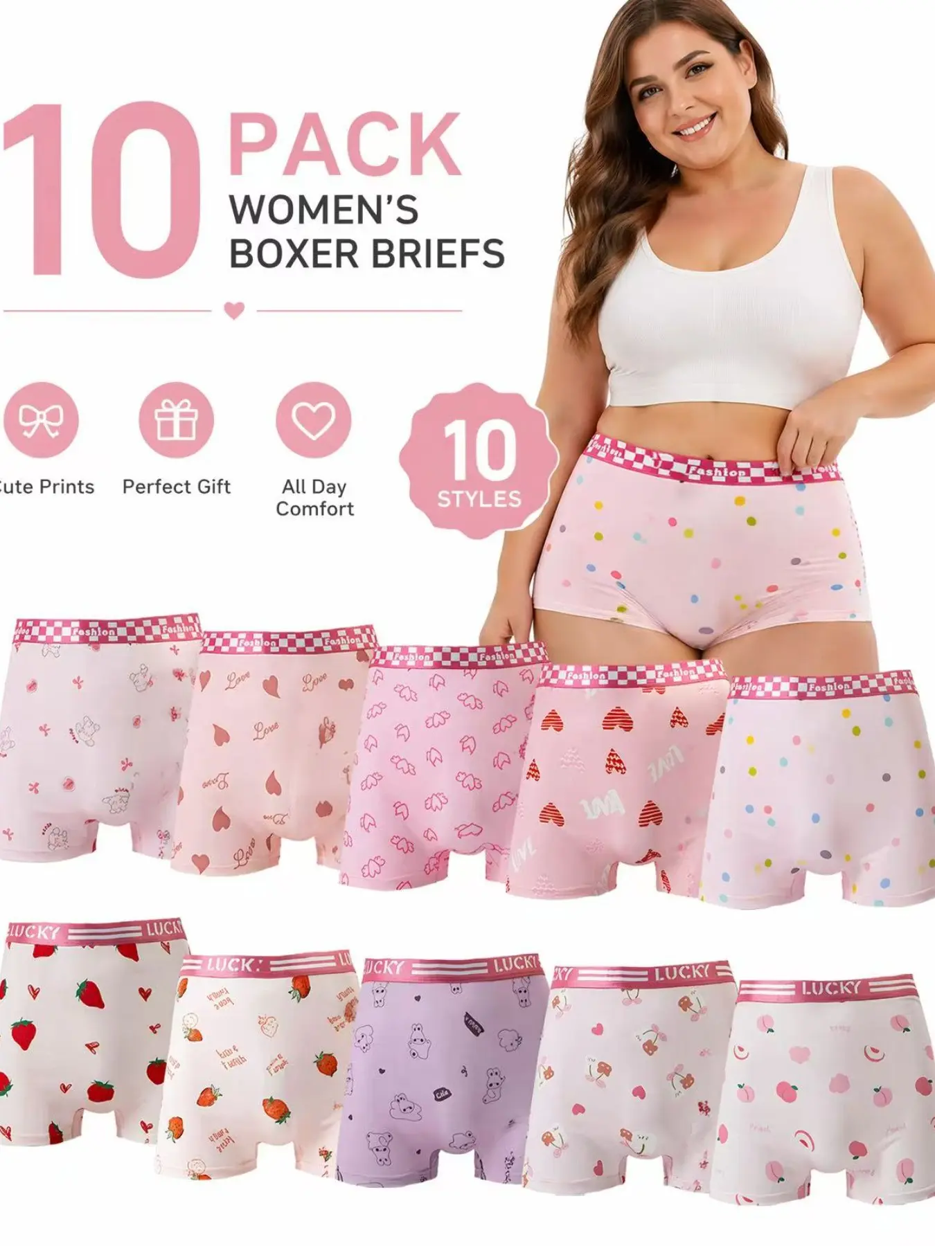 10-Pack High-Waisted Plus-Size Underwear, Breathable Fit Panties, Breathable Knickers, Comfortable Fashion Design, Solid & Printed Patterns, Breathable Fabric, Non-Slip Fit