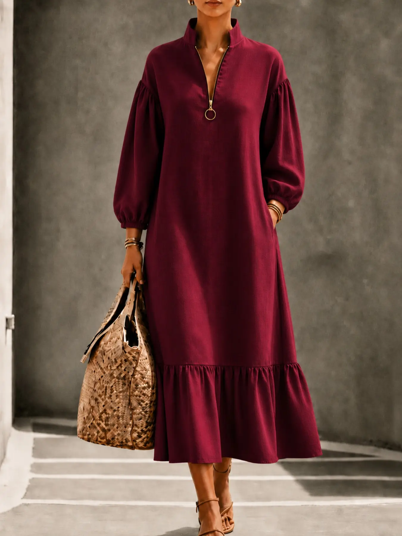 Women's Plain Color European Style Stand Collar Half-Zip Lantern Long Sleeve Loose Fit Slimming Ruffle Medium-Length Dress