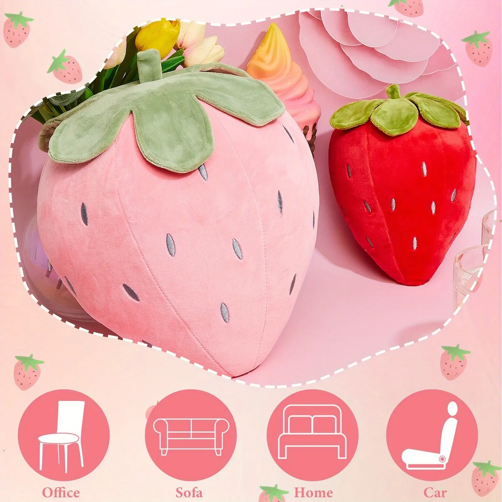 Pcs Strawberry Pillow 15.7 Inch 9.8 Inch, Soft Kawaii Strawberry Bedroom Decor, for Women, Aesthetic Cute Berry Decor, Xmas Birthday Gifts(Red, Pink)