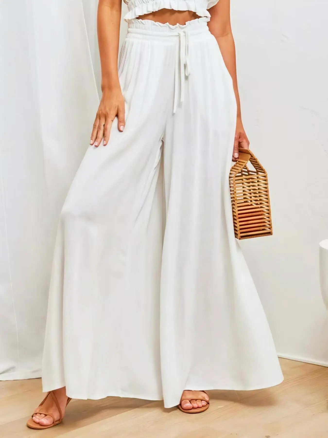 Women's Spring/Summer Casual Everyday Solid Adjustable Drawstring Wide-Leg Baggy Long Pants, Fashion Comfortable and Stylish Loose-Fit Trousers