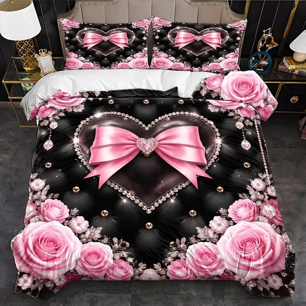 Luxurious Rose Heart Bow Comfy Bedding Set, 3-Piece Bedroom Ensemble, Hidden Zipper, King Size Twin Comforter Cover