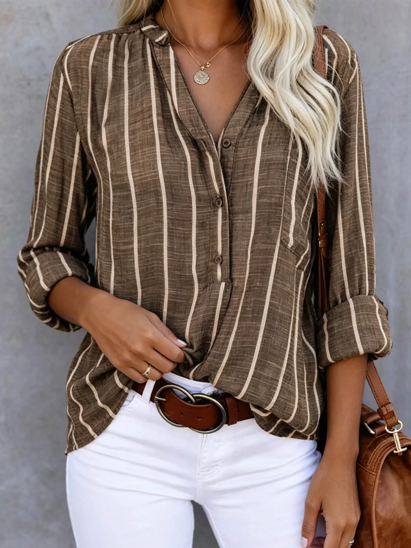 A Striped, vintage long-sleeved shirt for women, Blouses, featuring a relaxed and loose fit that conceals the body, versatile for summer wear, perfect for coffee shop tea breaks, seaside vacations, outdoor camping picnics