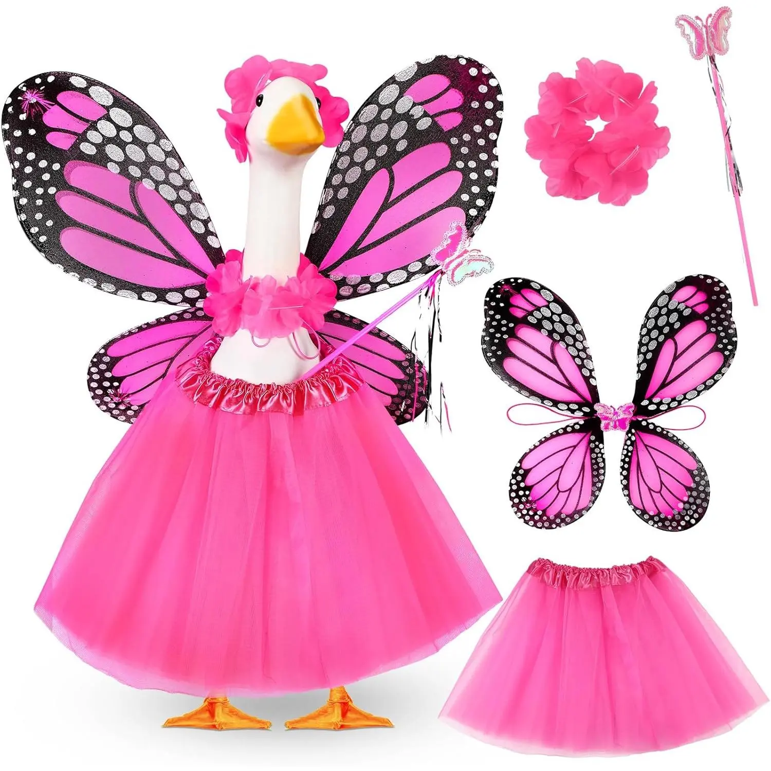 5pcs Butterfly Porch Goose Outfit Costume Tutu Skirt Butterfly Wing Wand Flower Crown for 17'' 23'' Cement Goose