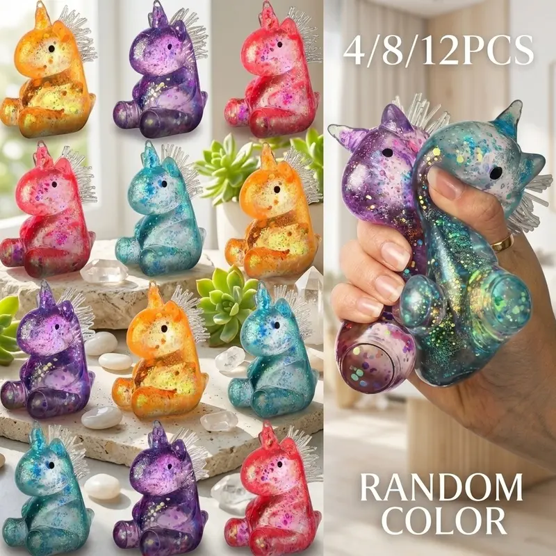 12pcs Glitter Unicorn Squishy Toys, Random Colors, Soft Sensory Stress Relief, Anxiety Relief for Kids and Adults, Hand-Press Relaxation Tool