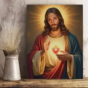 Frameless 2D Flat Sacred Heart of Jesus Canvas Print - Minimalist Biblical-Themed Jesus Christ Graphic Wall Art, Wooden Box Mountable for Living Room, Prayer Room Home Decor, Easter Christmas Gift