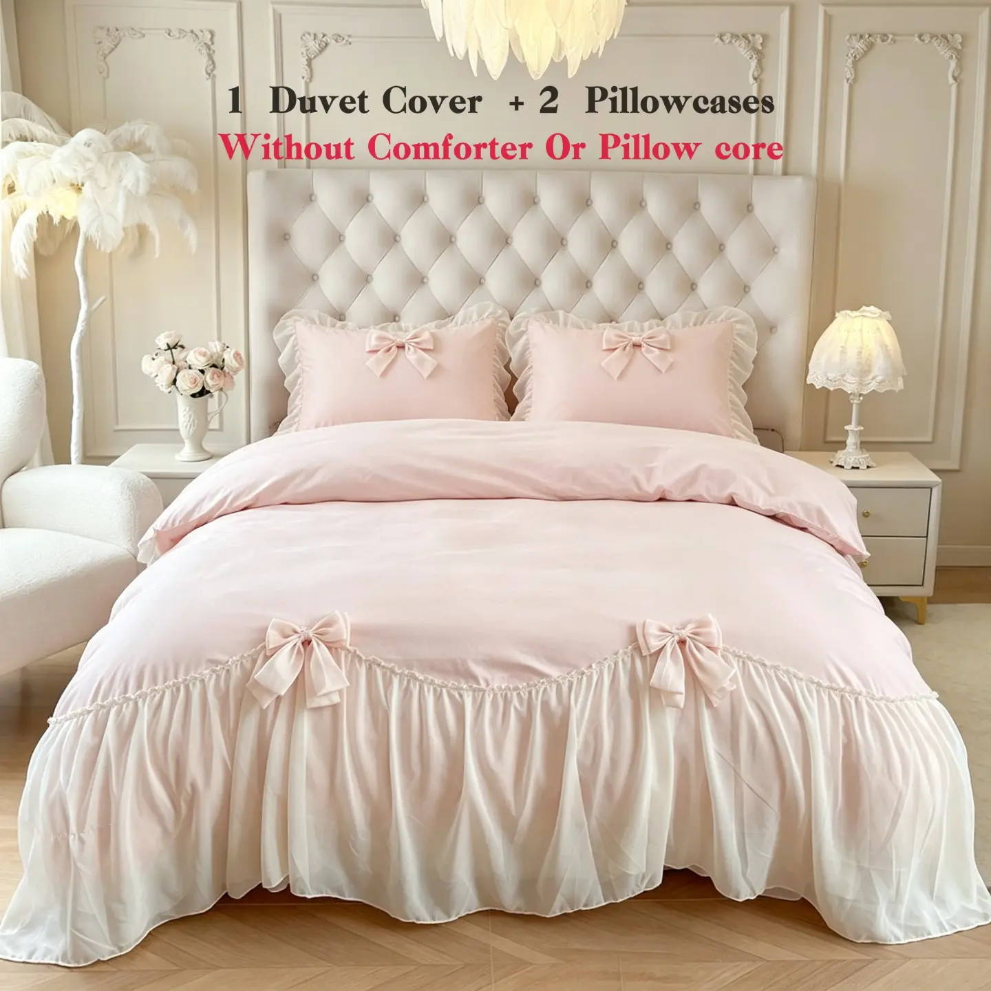 Princess Style Ruffle Bow Three-Piece Set, Duvet Cover and Pillowcase Set, Multiple Sizes Available, No Padding Included, Comfy Bedding Set