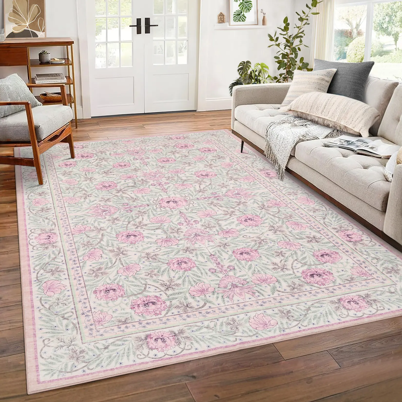 Vintage Floral Print Washable Area Rug, Non-Slip Low-Pile Floor Carpet for Hallway, Kitchen, Bedroom and Bathroom