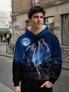 Men's 3D digital printed hoodie with lone wolf pattern against pale moonlight and shadow motifs. Featuring all-over prints, it stands out for daily outings and music festivals, and makes an ideal holiday gift for men.