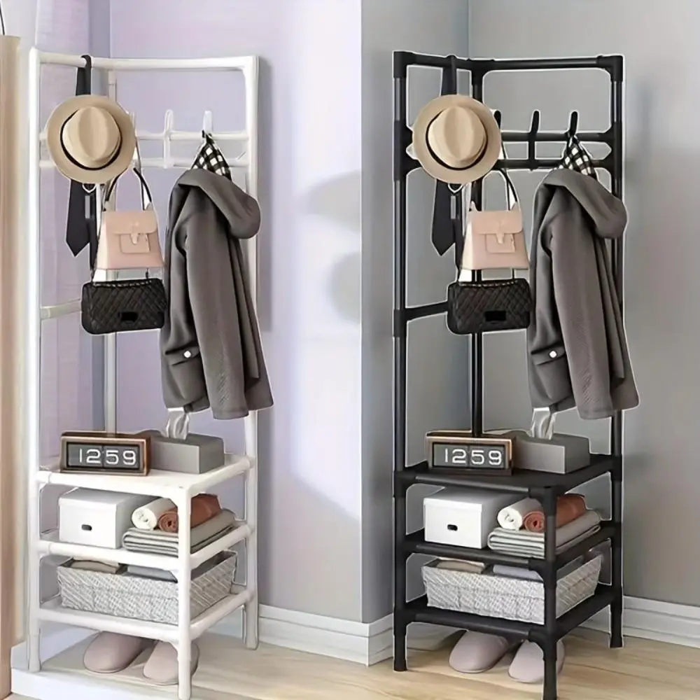 White Modern Corner Clothes Rack with 9-Hook Hanging System & 3-Tier Shelves - Space-Saving Entryway Hallway Organizer, Heavy-Duty Shoe/Coat/Hat, Curved Design for Narrow Spaces, White (No Assembly Tools Required)