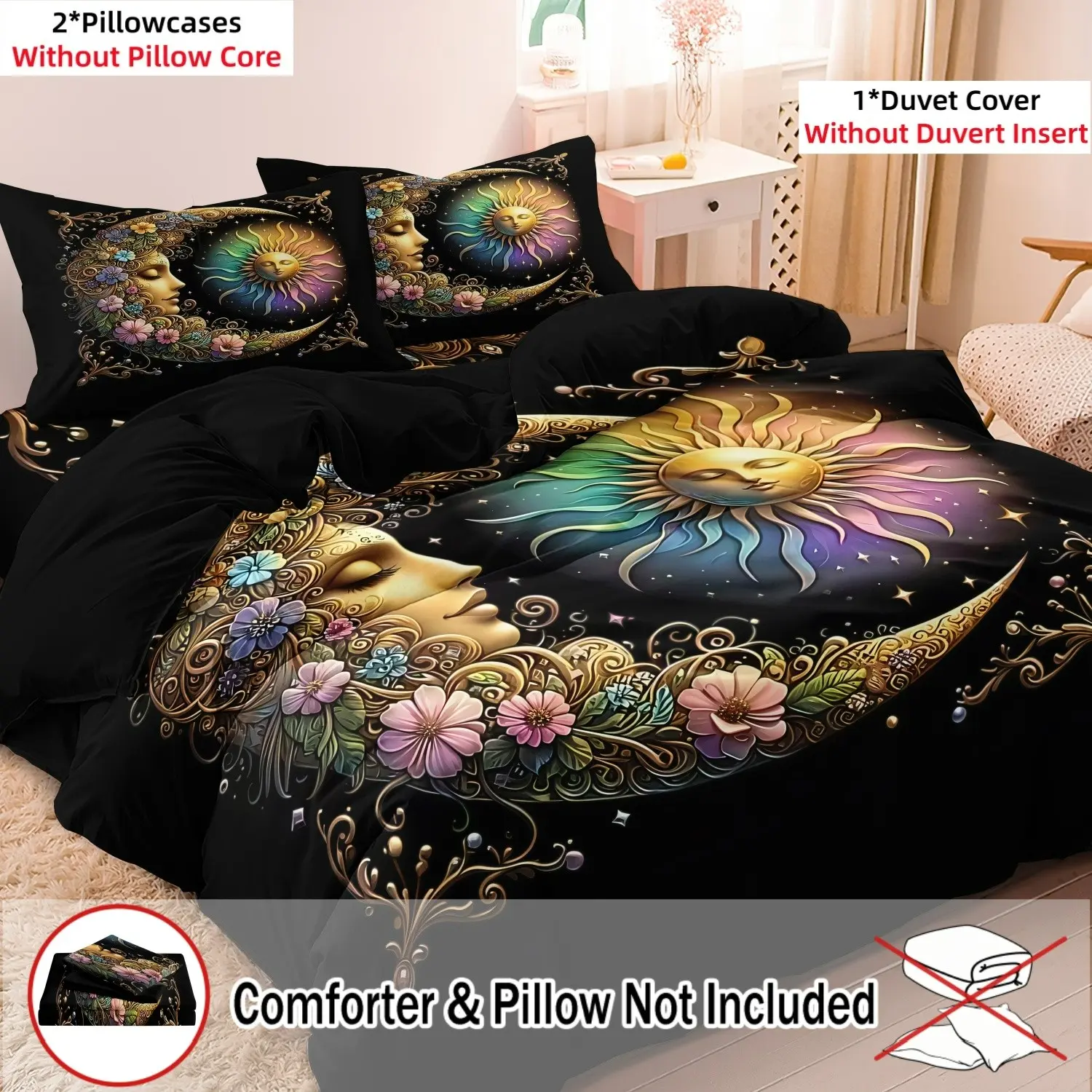 3pcs Celestial Sun Moon Stars Decorative Duvet Cover Set, Colorful Petals High-Definition Printed Bedding Set For Home Dorm Decor,(Includes 1 Duvet Cover And 2 Pillowcases,No Inserts), Cosmic Space Themed Bedroom Accessories,Ramadan Decoration