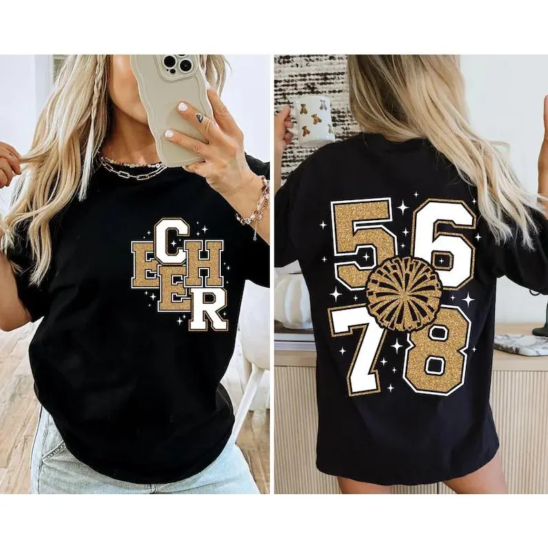 Dual-Sided Cheer 5678 Pom Pom Glitter T-Shirt, Varsity Letter Front And Number Back Sparkly Print Crewneck Tee, Cheerleading Game Day Casual Top #   TikTokMadeMeBuyIt #   TikTokShop # CheerTshirt # CheerleadingGameDay # PomPomCheerDesign # 5678CheerShirt