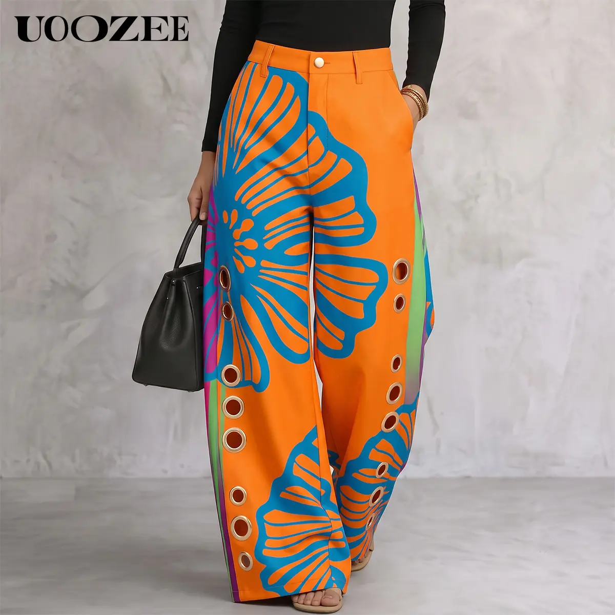 UOOZEE Women's Bohemian Floral High Waisted Pants, Vintage Style Smooth Wide Leg Trousers with Pockets for Matching Outfits, Tops, Tank Tops, Slim, Accessories