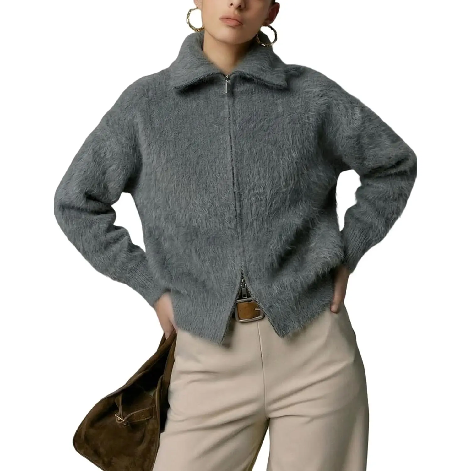 Wyeysyt Women's Zip Up Sweater Fuzzy Chunky Cardigan Lapel Fluffy Knit Double Zip Cardigans