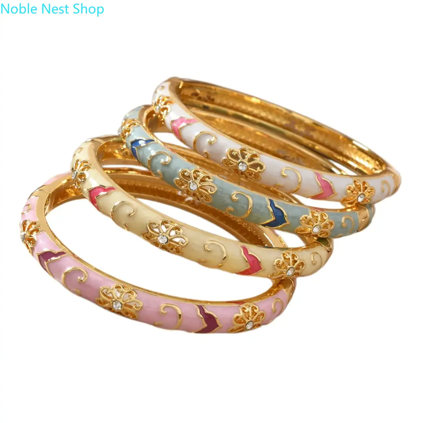 Vintage Floral Enamel Bracelet for Women, Gold-Tone Fashionable Bangles with Sparkling Cubic Zirconia, Hinged Jewelry Gifts for Girly Girls, Crystals Bracelets, Decor Bracelets