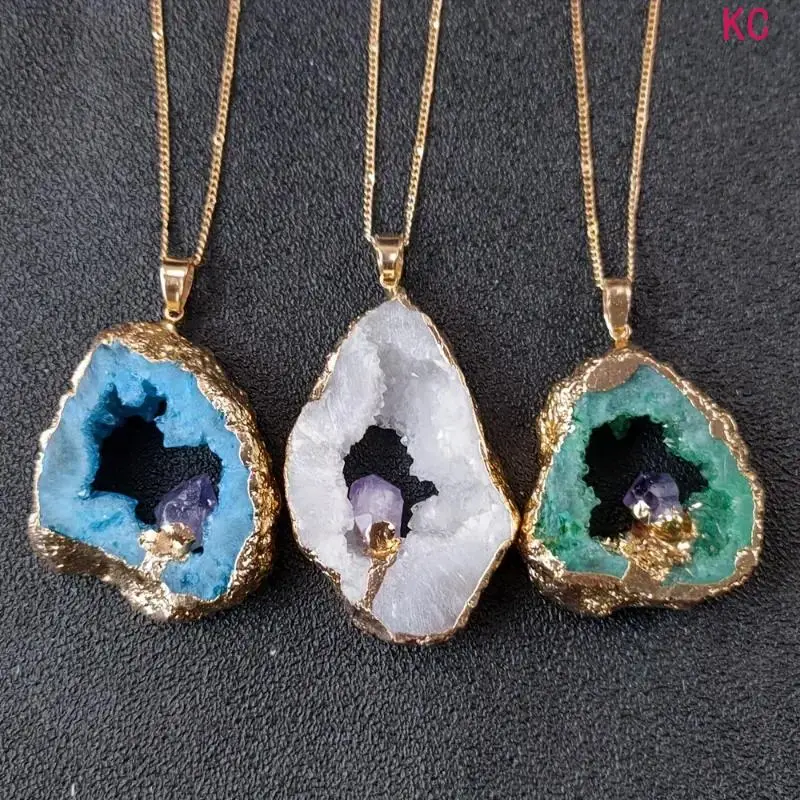 Electroplated Gold Edged Irregular Hollow Natural Crystal Slice Pendant Inlaid Amethyst Tooth, Colorful Long Sweater Necklace For Daily Outfit Matching Accessory