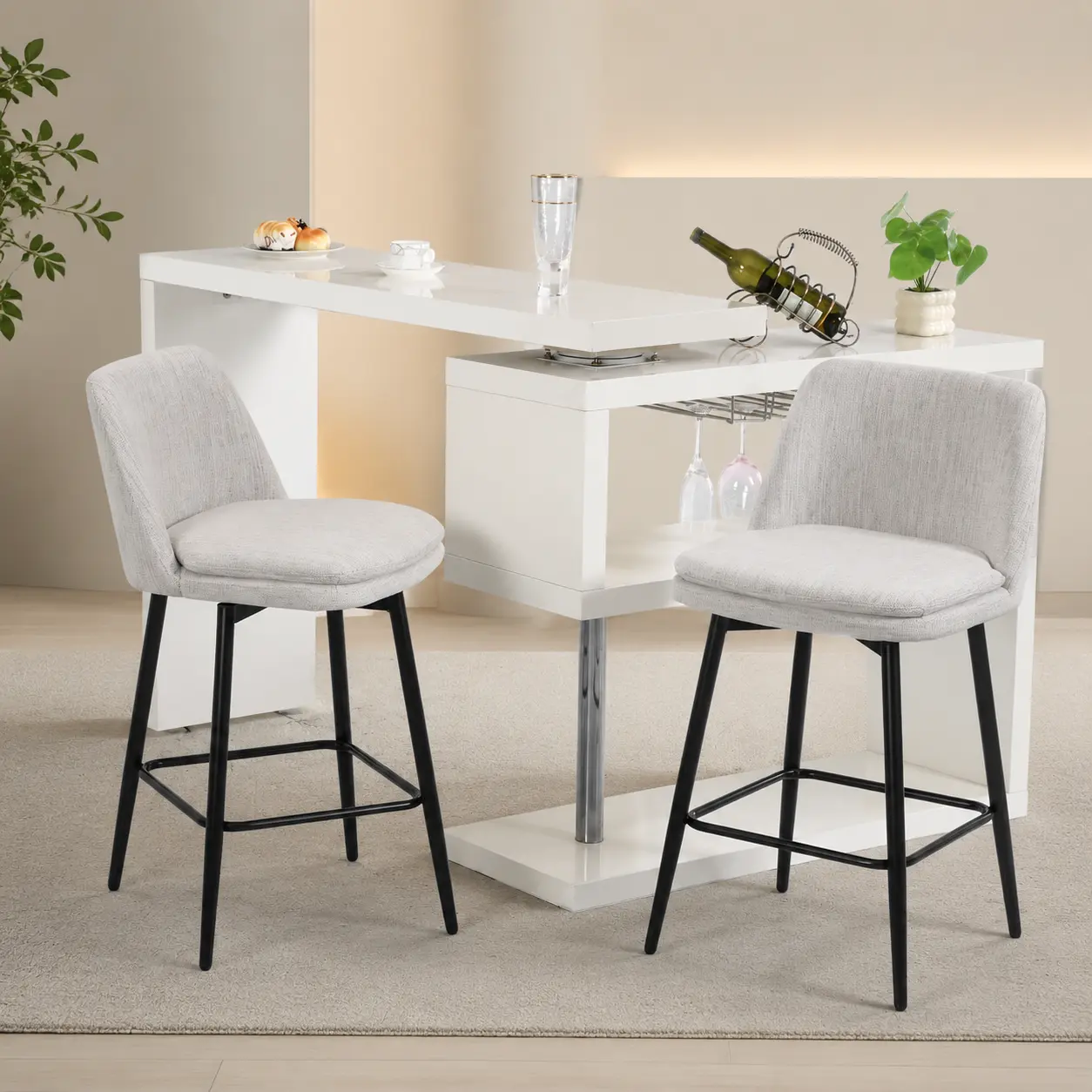 Littleox Set of 2 Modern Linen Fabric Counter Chairs, 360-Degree Swivel Counter Height Bar Stools with Upholstered Backrest & Metal Legs, 25.6" High Seat for Kitchen Island, Pub