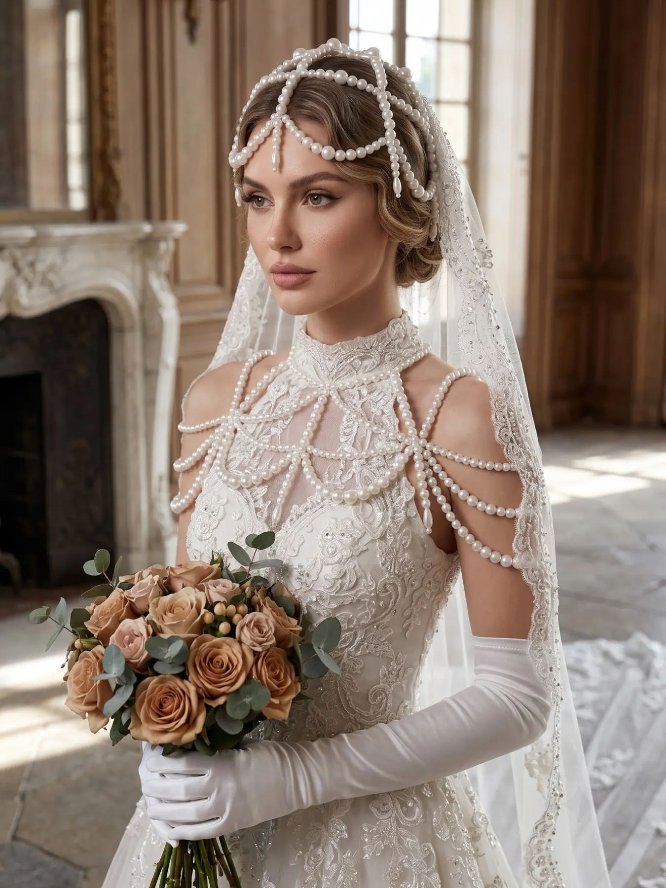 Vintage Heavy Worker Artificial Pearl Fringe Hair Net, Elegant Wedding Veils for Brides Gatsby Party Headpiece, Luxurious Mesh Hair Hat