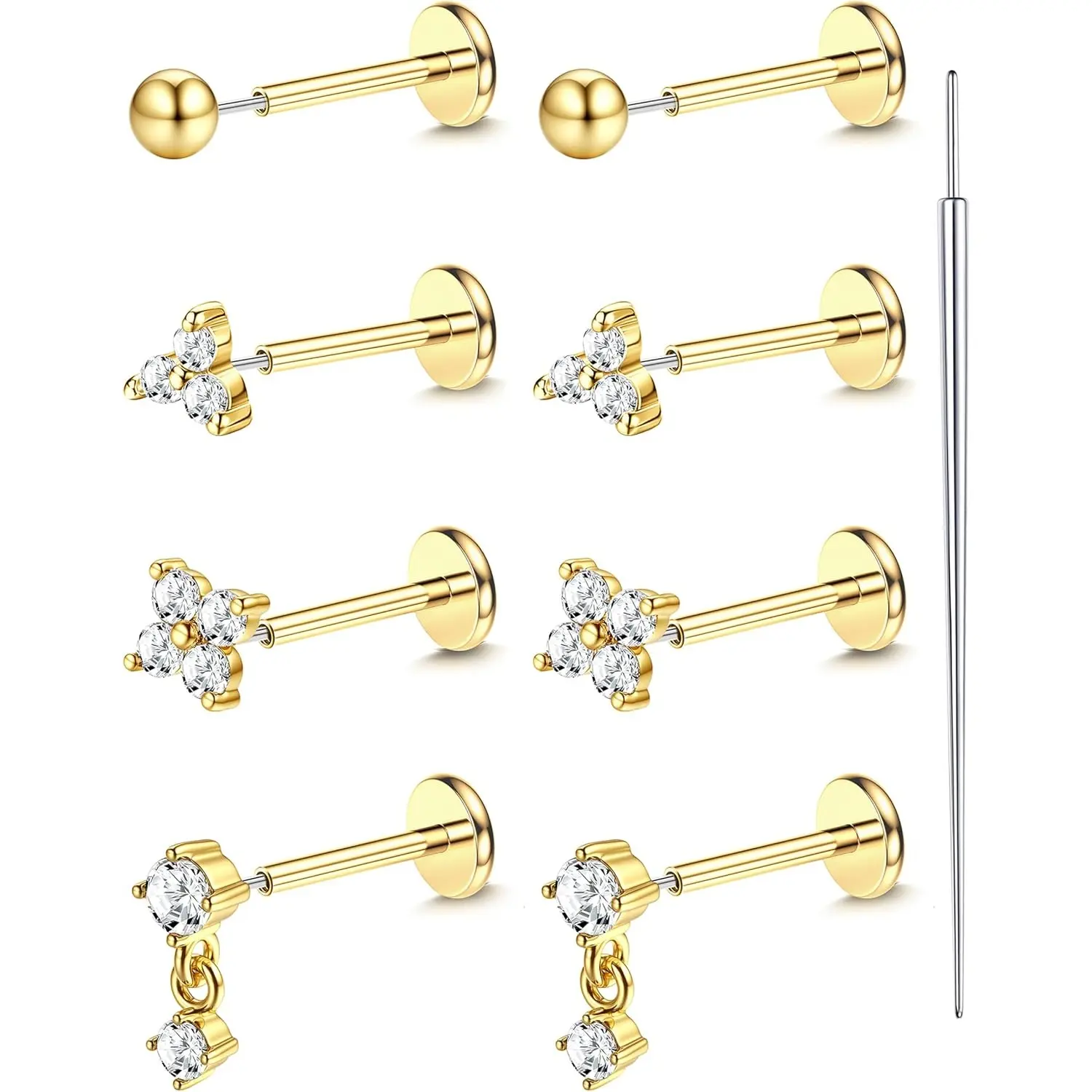 ORAZIO 18K Plated Gold Threadless Flat Back Earrings Studs 316L Surgical Steel Push in Nose Studs Rings 20G 18G 16G CZ Tragus Cartilage Helix Conch Lip Labret Medusa Nostril Piercing Jewelry Hypoallergenic