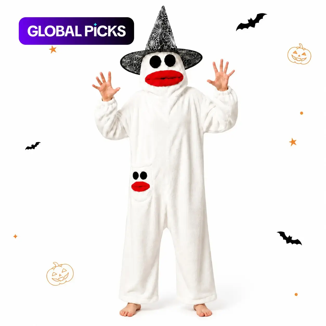Funny Halloween Ghost Onesie Wearable Blanket, Soft Plush Hooded Sleepwear Loungewear, Cosplay Costume Pajamas with Hidden Inner-Leg Zipper