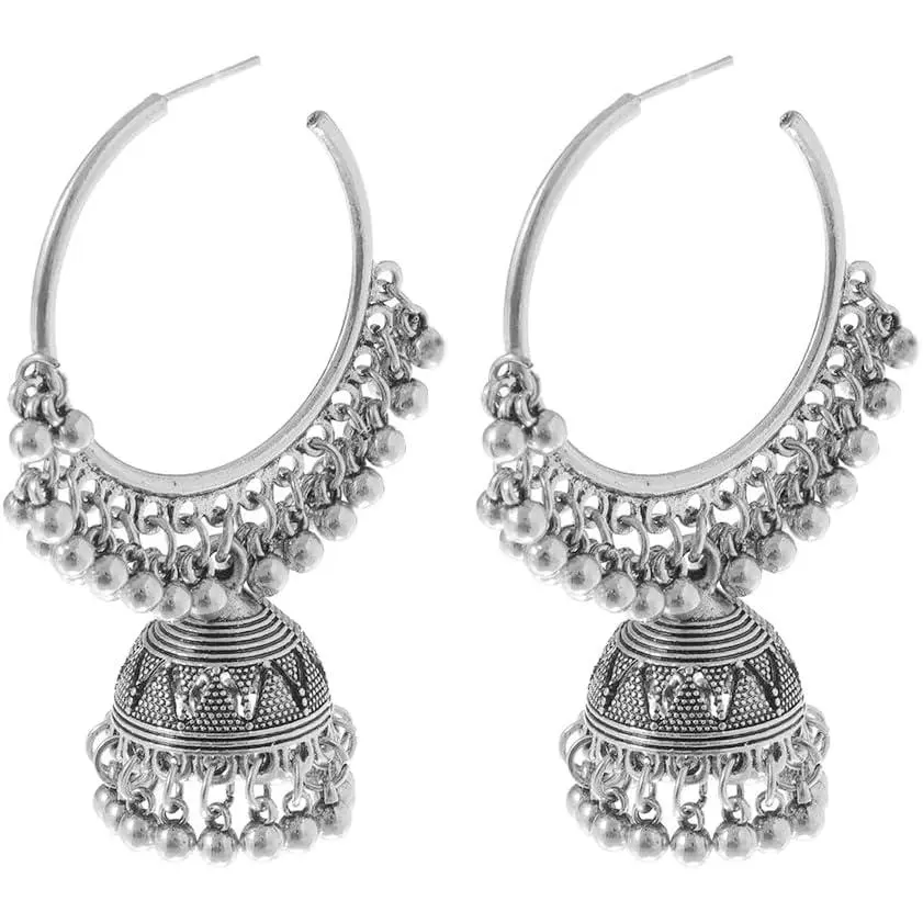 Dangle Retro Indian Jhumki  Huggie Hoop Statement Earrings Bollywood Oxidized Traditional Jhumka Style Drop Big Open Hoops Earring Boho   for Women Bff