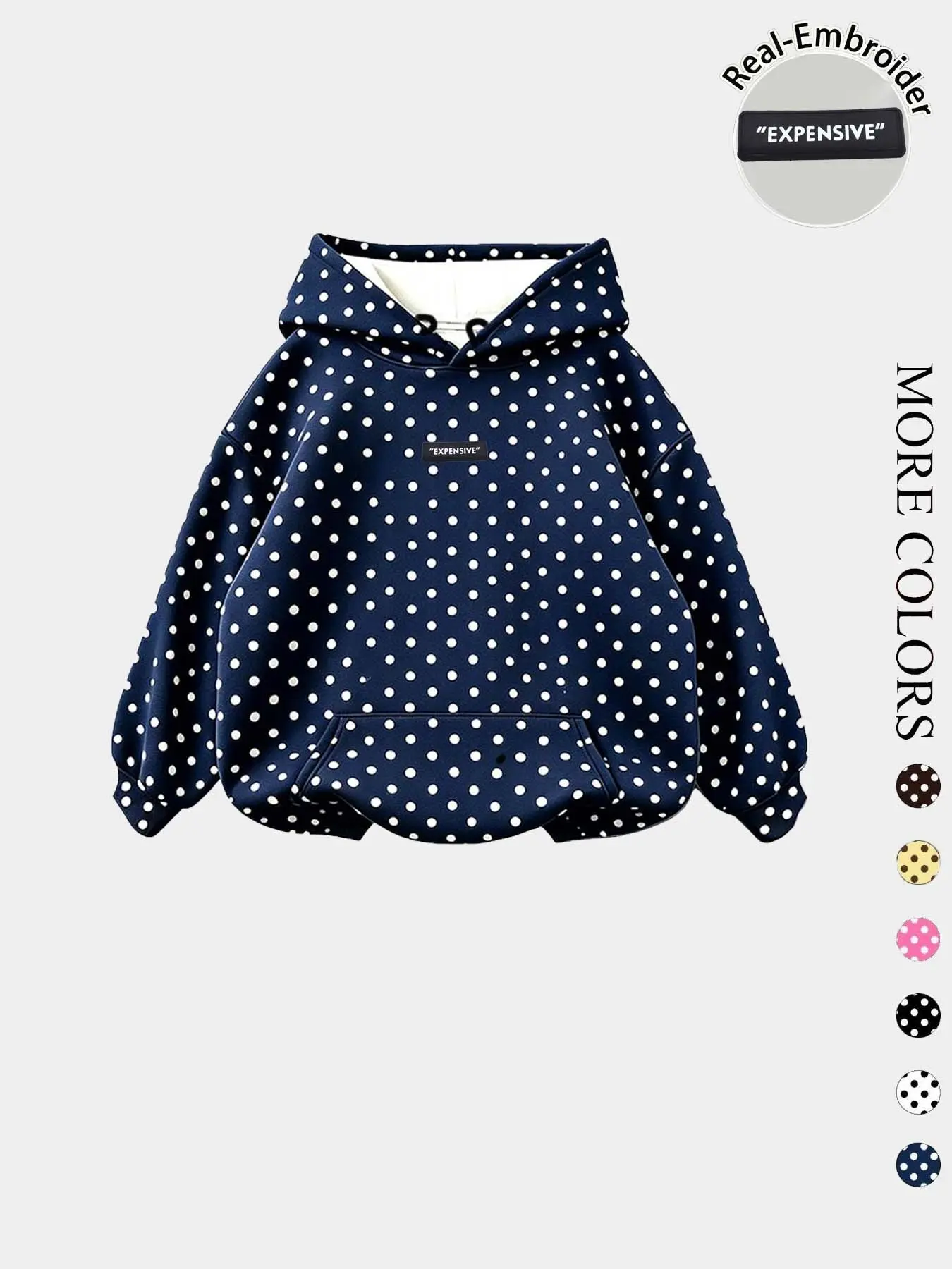 Retro Polka Dot Hooded Sweatshirt, Oversized Loose Fit, Front Kangaroo Pocket, Embroidery Label, Soft Fleece, Fall & Winter Casual Wear