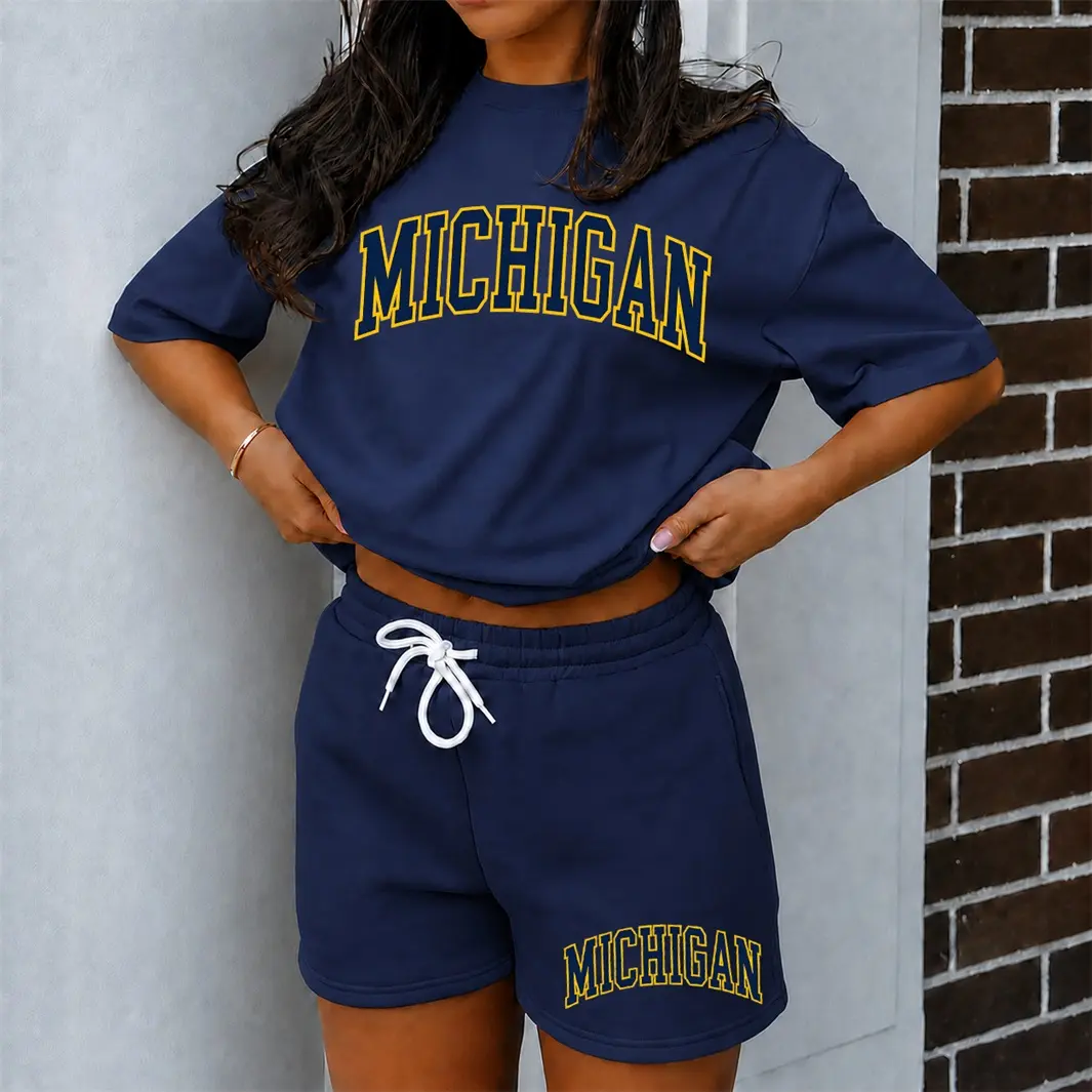 Women’s MICHIGAN Graphic Print Short Sleeve T-Shirt and Drawstring Shorts Set, Casual Summer 2-Piece Outfit, Comfortable Crew Neck Top and Elastic Waist Shorts for Daily Wear, Vacation, Travel, Beach, Resort and Lounge Wear