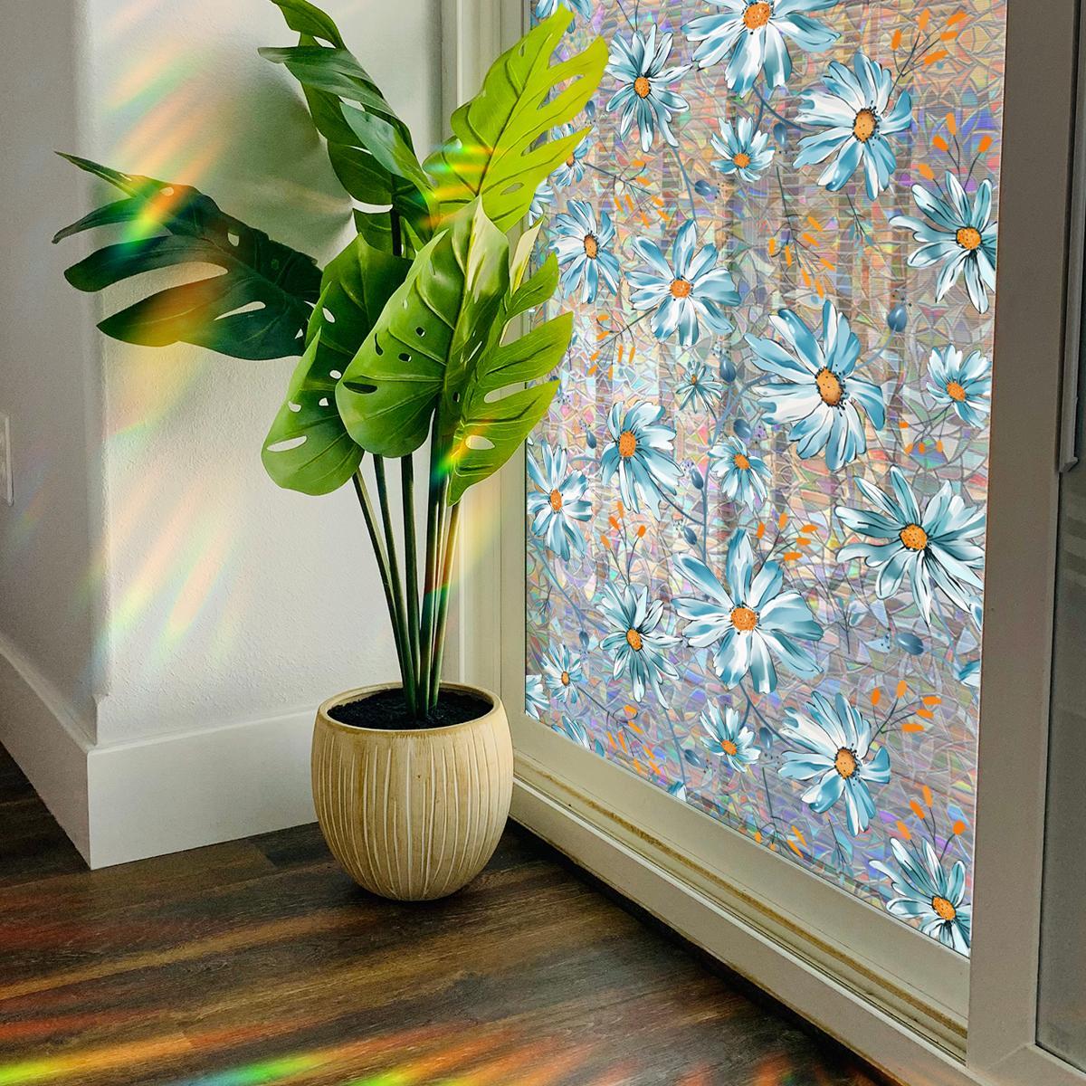 Daisy Pattern Window Sticker, Double Sided Window Decal, Static Cling Window Film, Floral Pattern Sticker, Decorative Sticker for Home Kitchen Living Room Bathroom, Ornaments