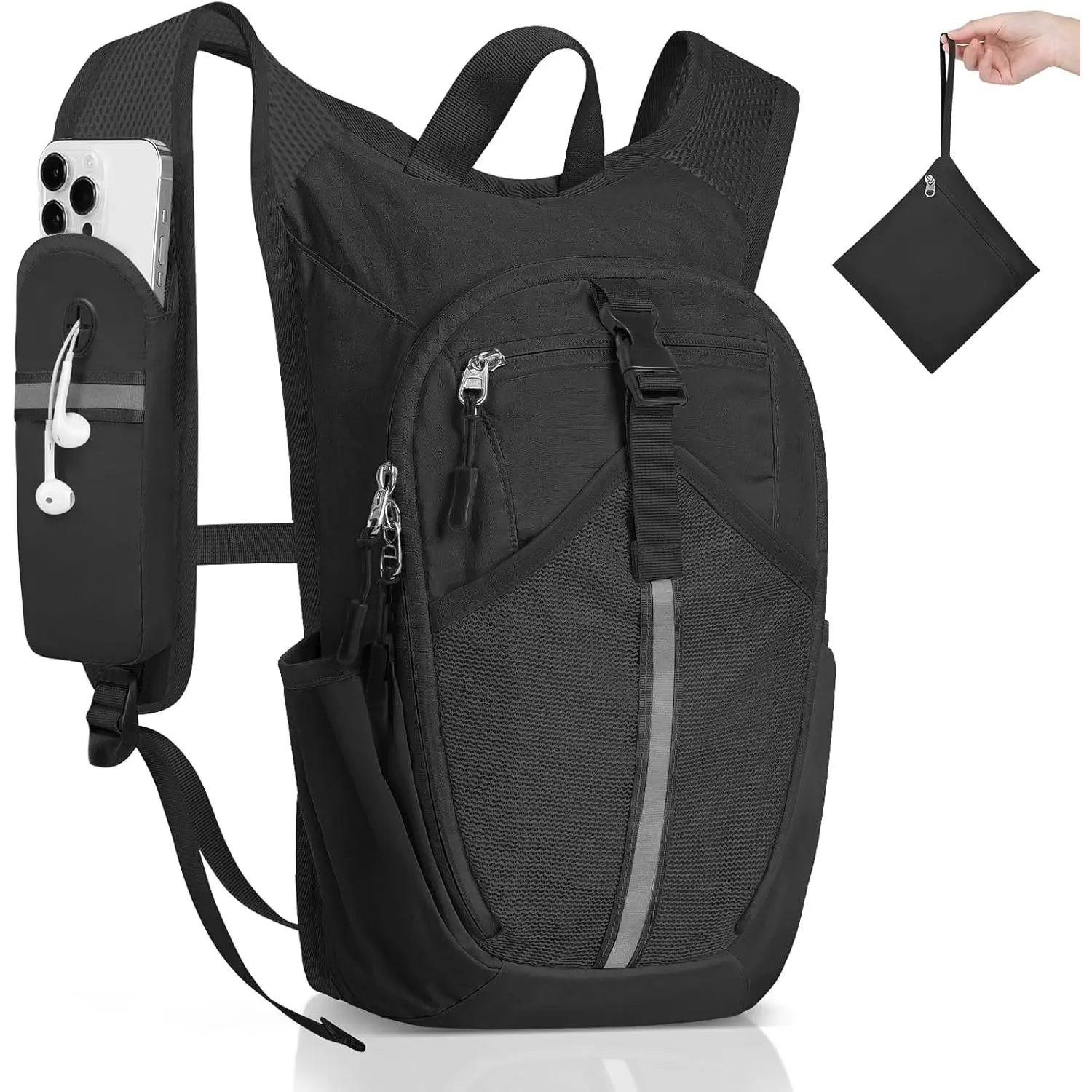 Unisex 15L Small Hiking Backpack - Lightweight Packable Foldable Rucksack with Adjustable Chest Strap, Breathable Straps, Foldable Pouch for Hiking/Camping Travel (Black), Compact