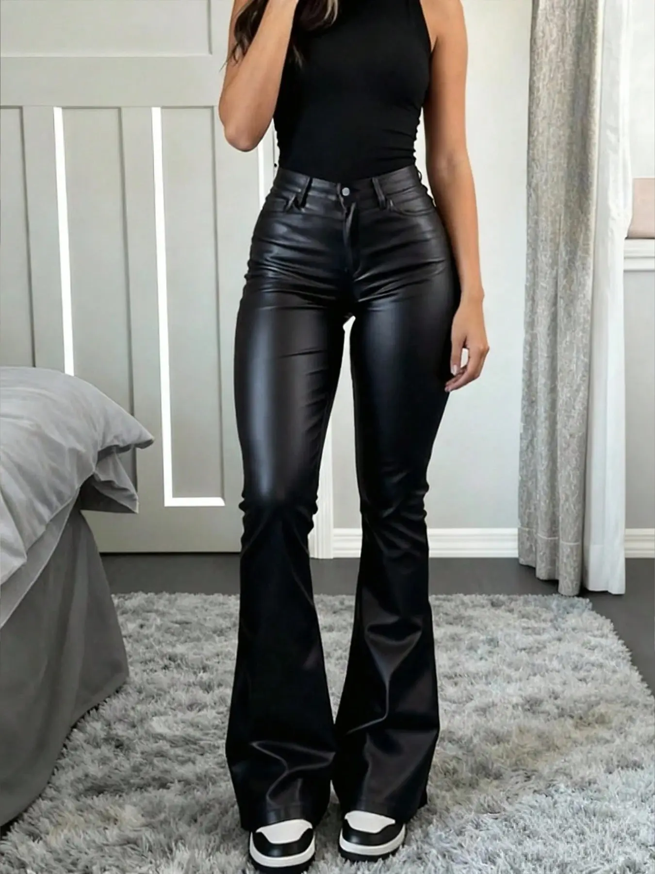 Nvfelix Women's Elegant PU Leather Micro Flare Long Pants Bottoms, Comfortable Stretch Imitation Leather Pants for Office or Nightclub