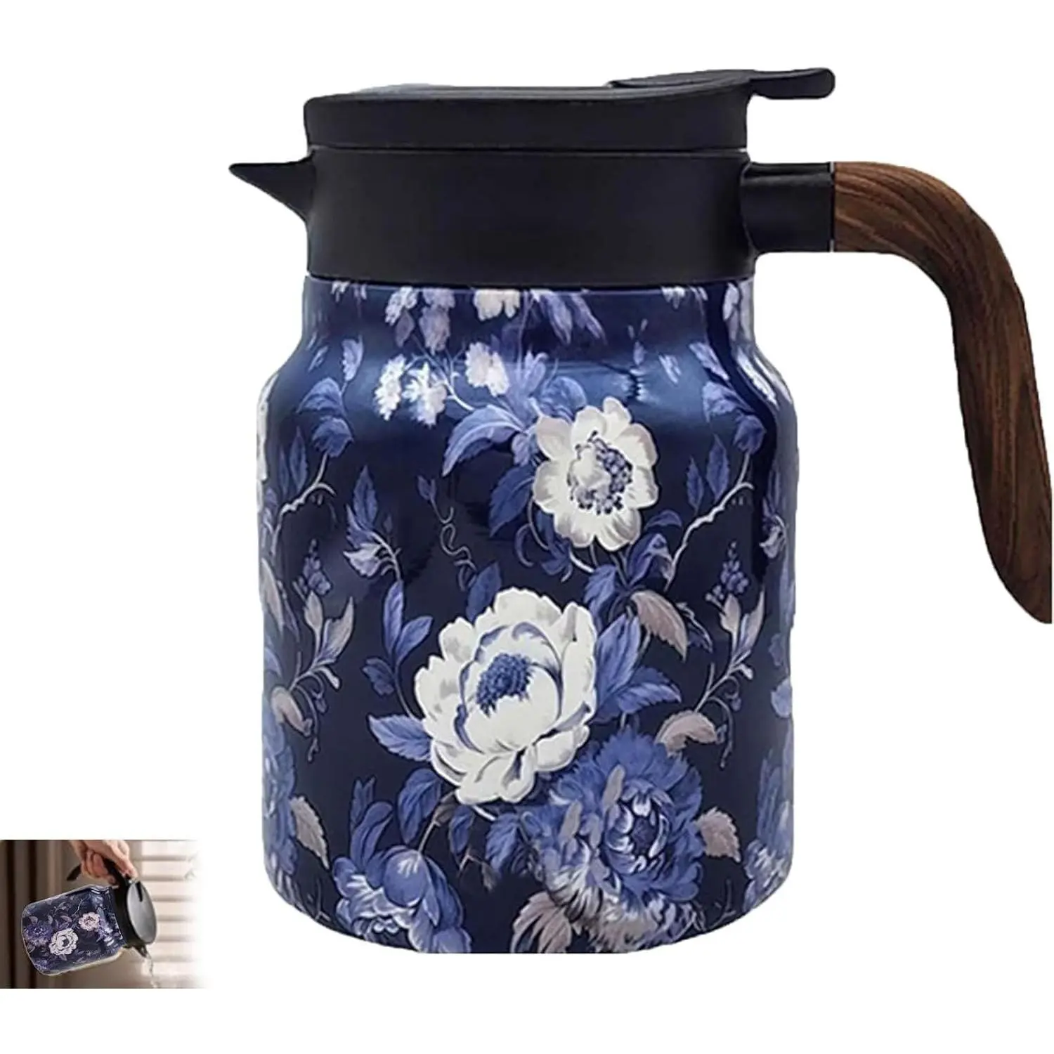 Women's 35 Oz Vintage Floral Insulated Stainless Steel Teapot with Infuser-Filter, Thermal 6-12 Hour Hot/Cold Retention, Portable Travel Teapot with Spout, Insulation, Handles
