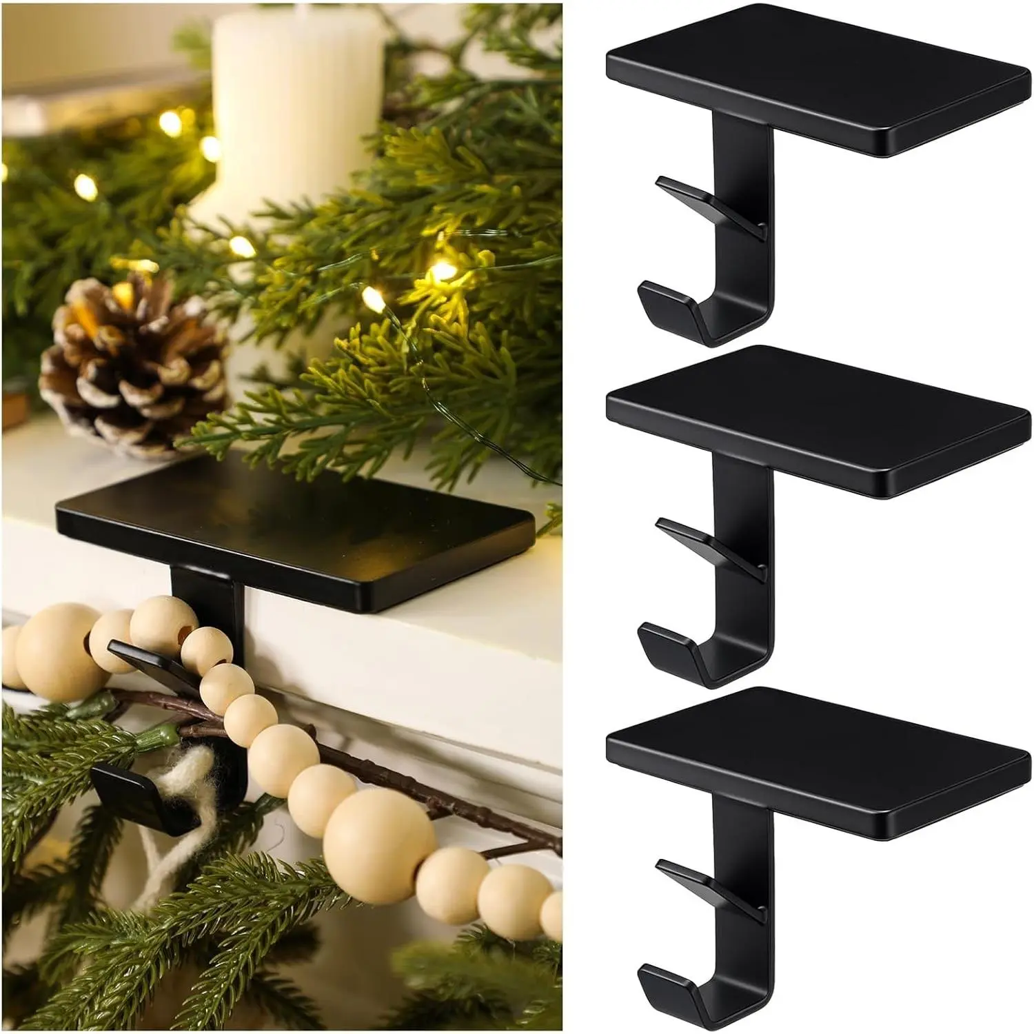 2 in 1 Fireplace Garland and Stocking Hangers for Mantel Heavy Duty Christmas Stocking Holders for Mantle Metal Garland Hooks Xmas Holiday Decoration (Black,3 Pack)