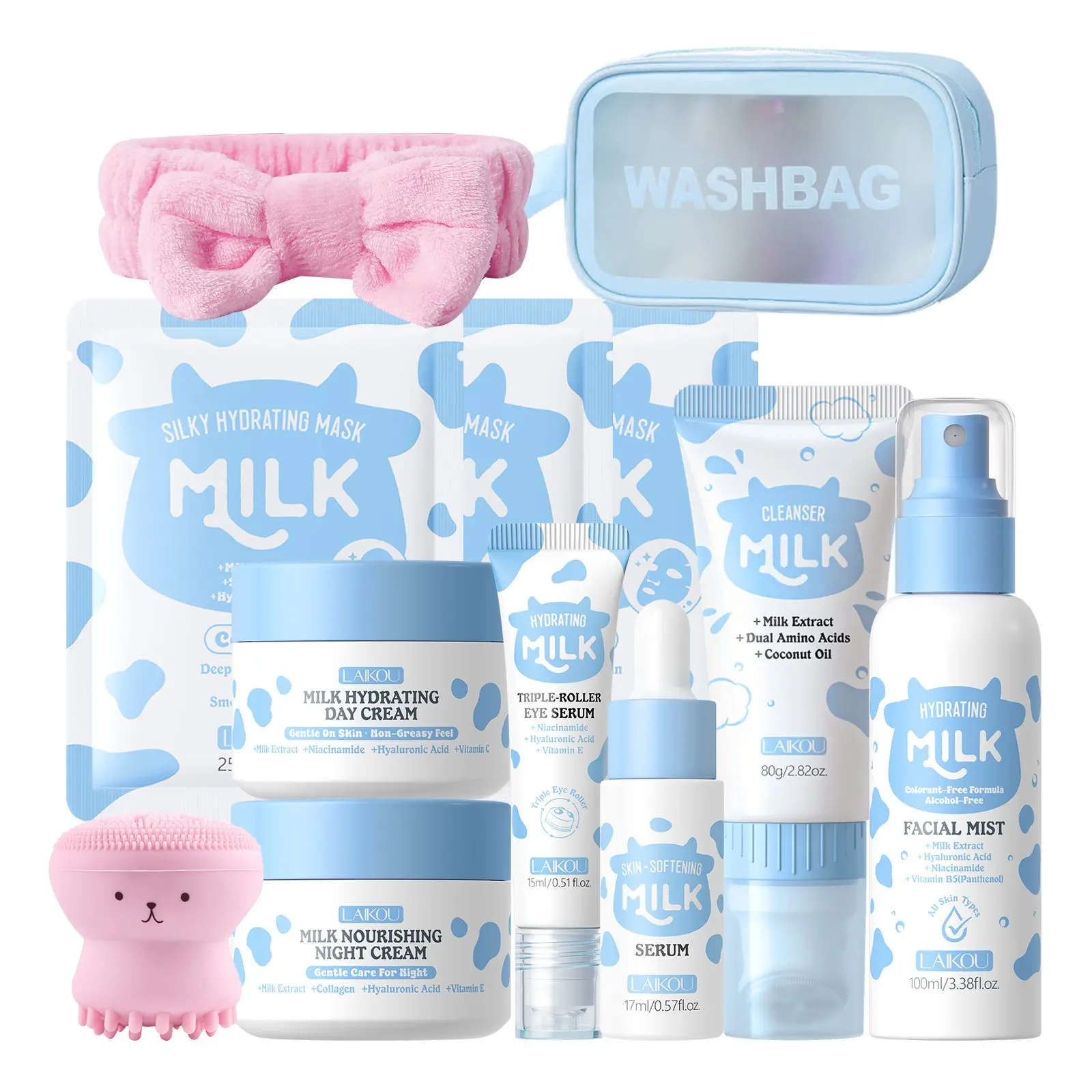 LAIKOU 12-in-1 Milk Hydration Care Set for Teen Girls, Moisturizing & Gentle Facial Care Kit, 12 pcs, Bulk Birthday Gift for Daughters