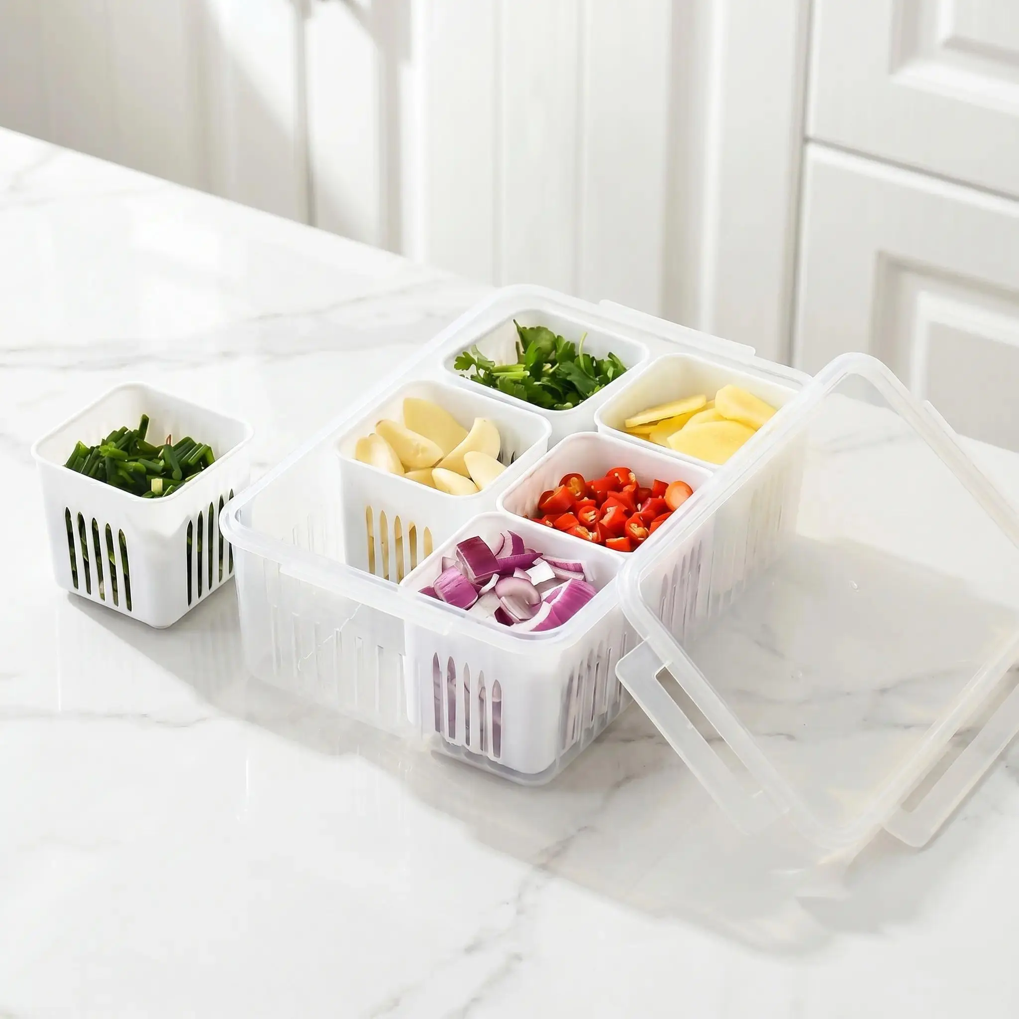 6-in-1 Divided Food Storage Container with Drain Basket - 360° Leak-Proof Stackable Kitchen Household Products Fridge Organizer for Fruits, Vegetables, Meal Prep