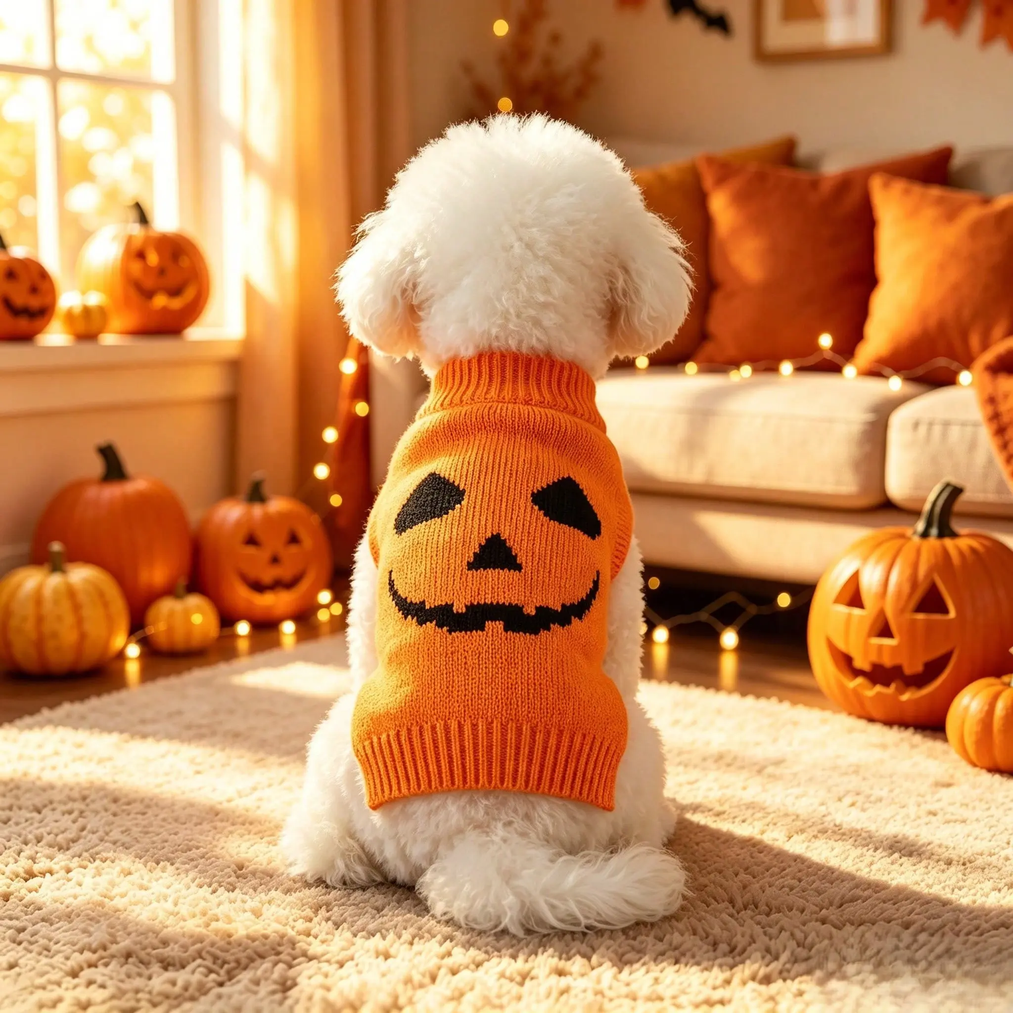 Cute Halloween Pumpkin Pet Sweater Dog Cat Clothes, Festive Jack-O'-Lantern Face Knit Pullover Jumper, Warm Spooky Fall Winter Apparel Outfit Costume for Cats, Puppies, Small Medium Large Dogs, Funny Holiday Knitwear Coat