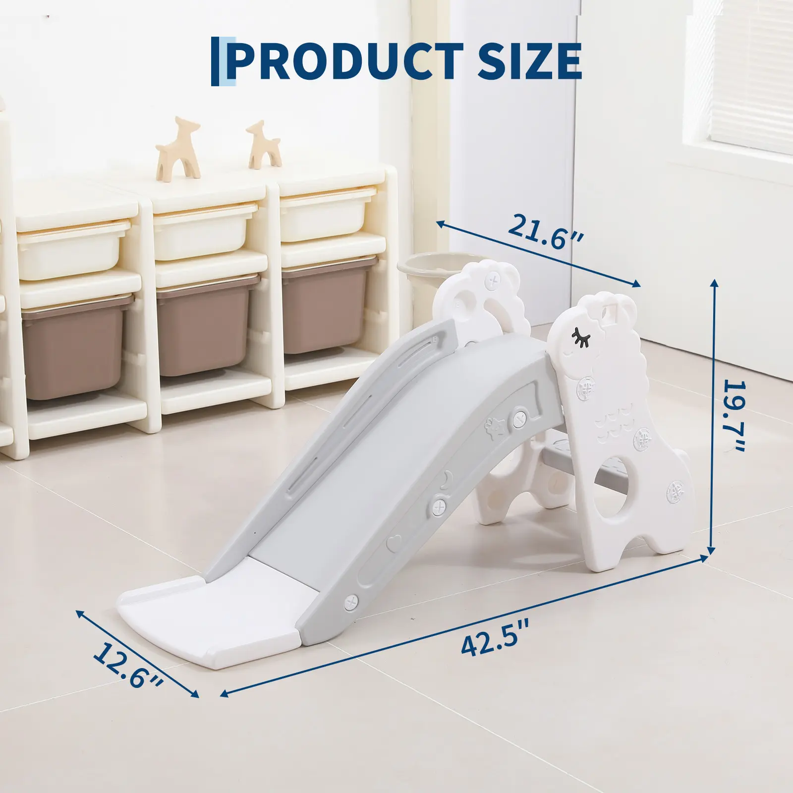 4-in-1 Toddler Slide and Climber Playset, Indoor Outdoor Kids Playground with Non-Slip Steps, Wide Platform and Detachable Basketball Hoop, Compact Plastic Activity Center for Playroom, White and Gray
