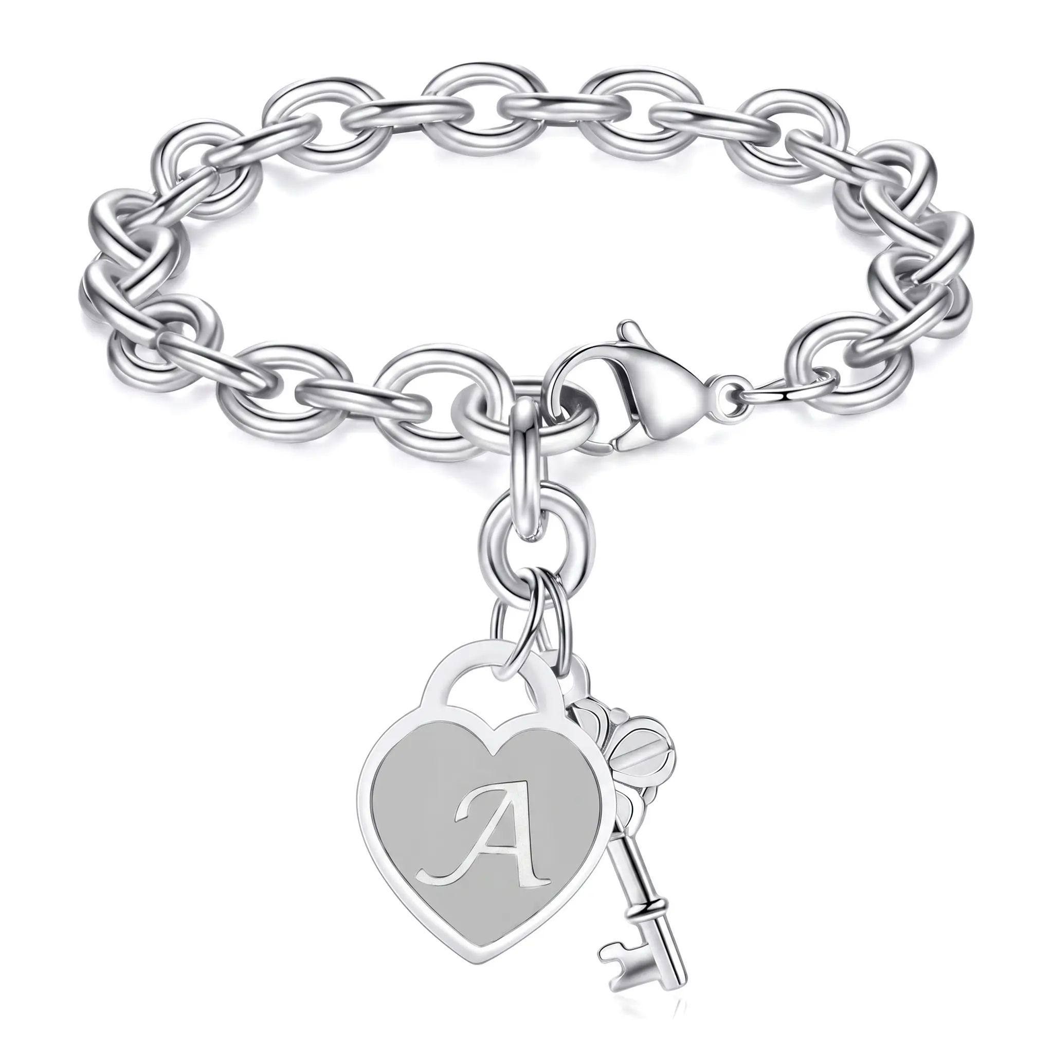 Initial Charm Bracelet in Polished Stainless Steel, Personalized Heart Shape A-Z Letter Jewelry, Adjustable Band for Daily Wear & Gifting