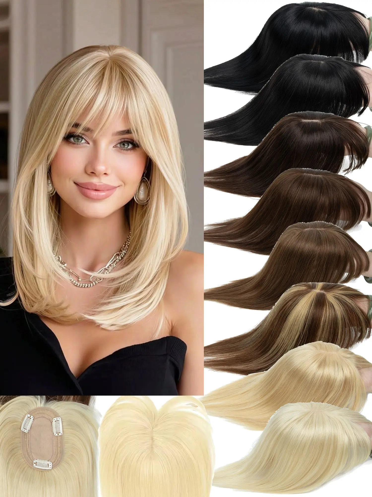 8x12 Topper with Bangs, Soft Human Hair, Natural Looking Hair, Invisible Breathable Base, Increases Hair Volume, Ideal for Casual Dating & Various Occasions