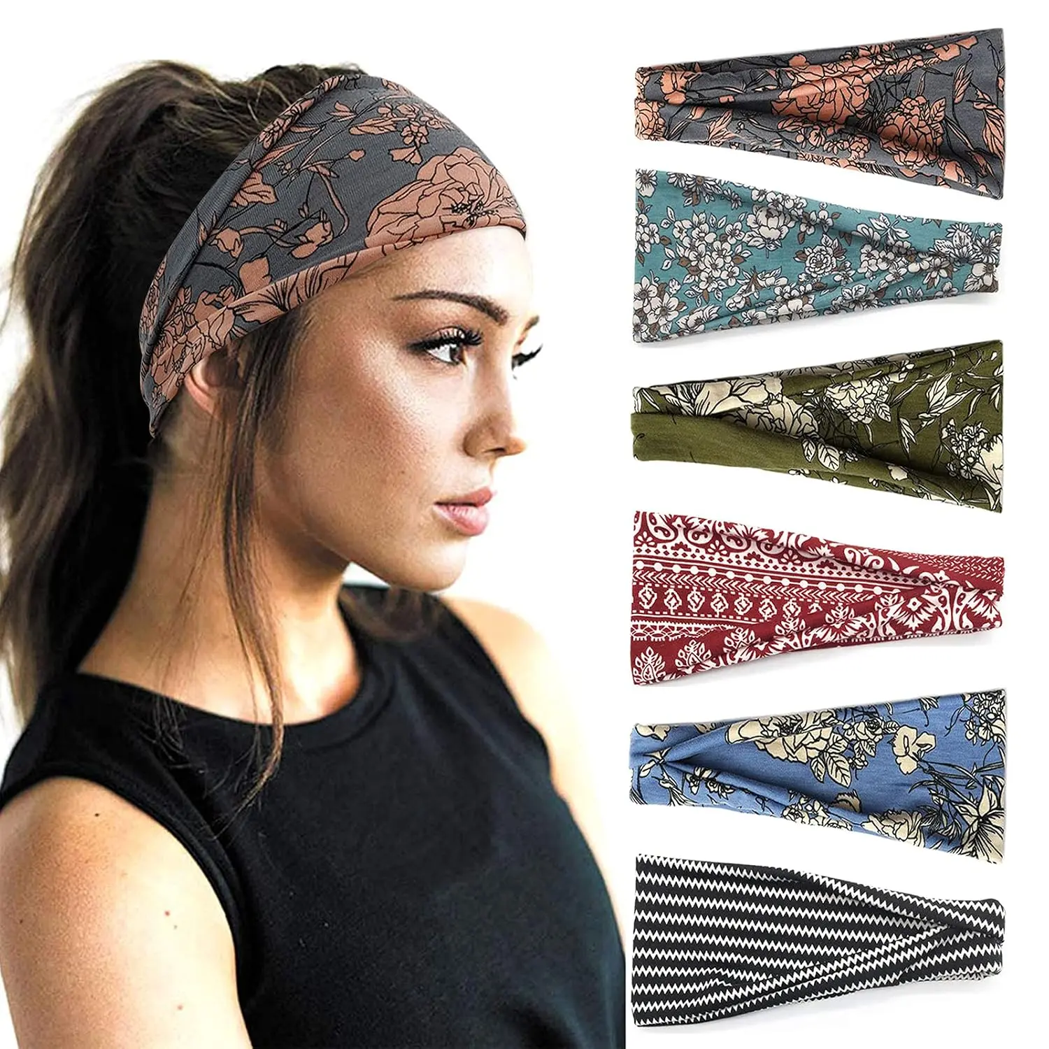 Women’s 6-Pack Boho Wide Headbands - Non-Slip, Soft, Stretch Polyester-Spandex Foldable Wraps, All-Season Fashion Hair Accessories for Daily Wear, Yoga, Makeup