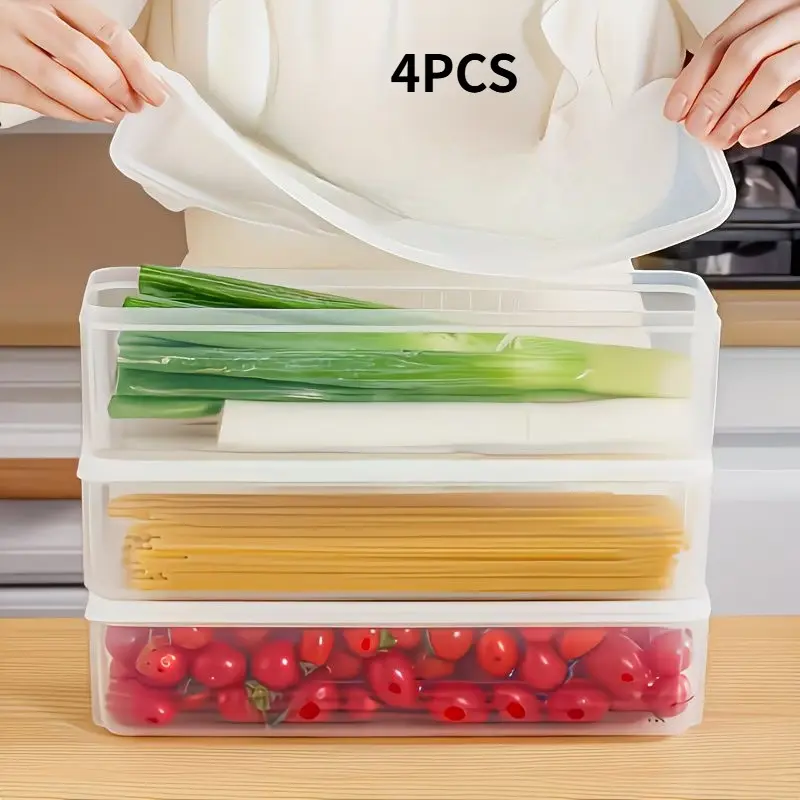 4pcs Food Grade Plastic Storage Containers with Lids, Stackable Bins for Onions, Cilantro, Ginger, Garlic, Noodles, Eggs, Kitchen Essentials