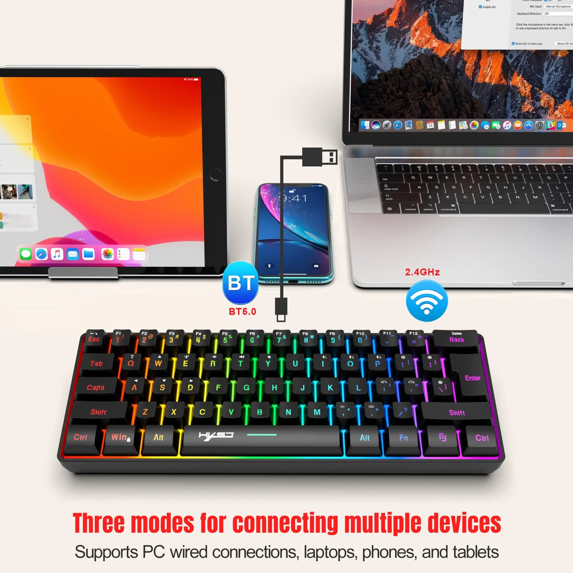 Wireless Gaming Light Up Keyboard, 61 Keys Triple Mode, Bt5.0/2.4g/USB-C, RGB Backlit, Ultra Compact, Ergonomic, Waterproof, for iPad/MAC/windows/xbox