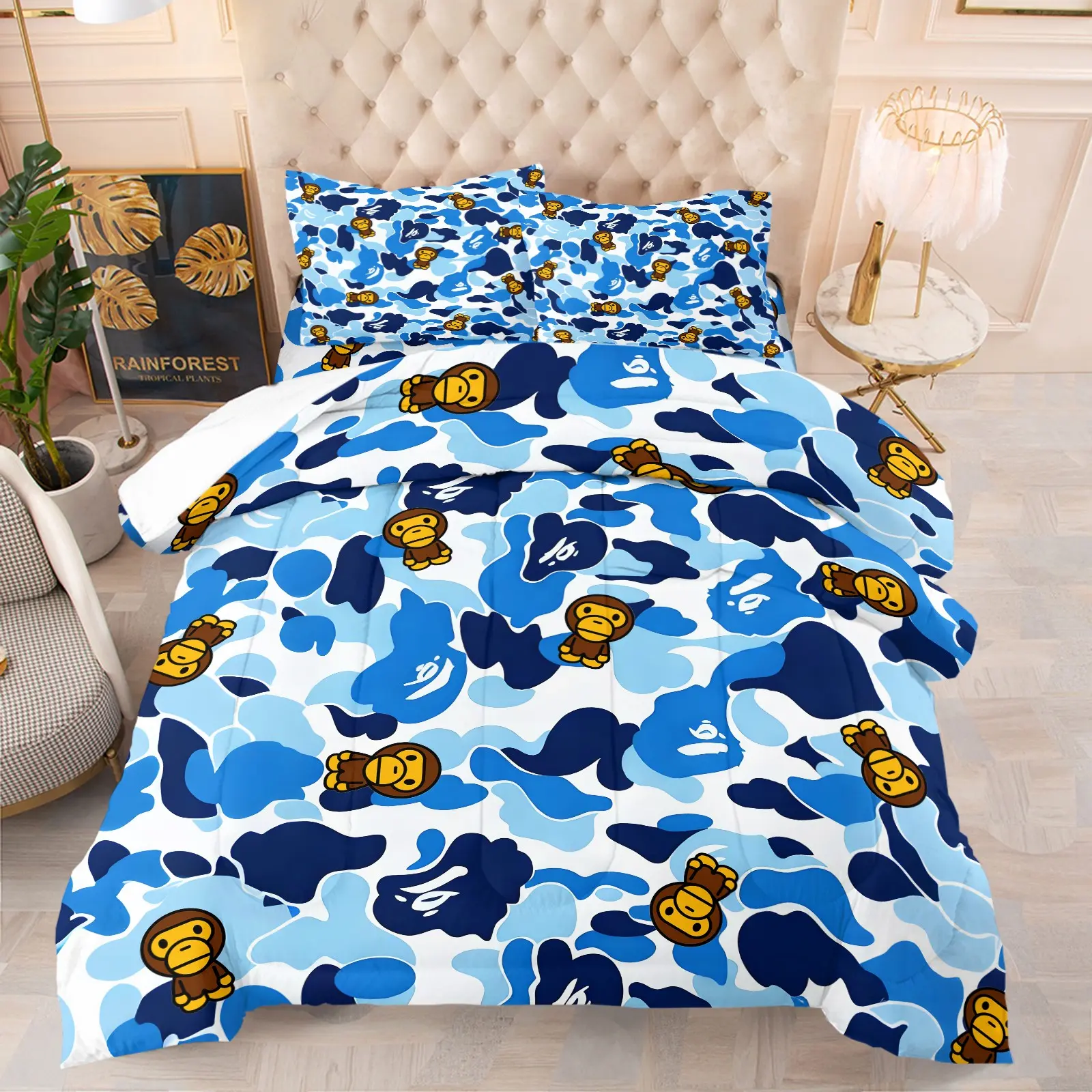 Streetwear Blue Camo Cartoon Ape Print Comforter Set, Includes 1 Comforter and 1-2 Pillowcases, Trendy Camouflage Baby Monkey Pattern Print, Gift for Kids, Teens and Adults, Hypebeast Gift for Street Fashion Fans