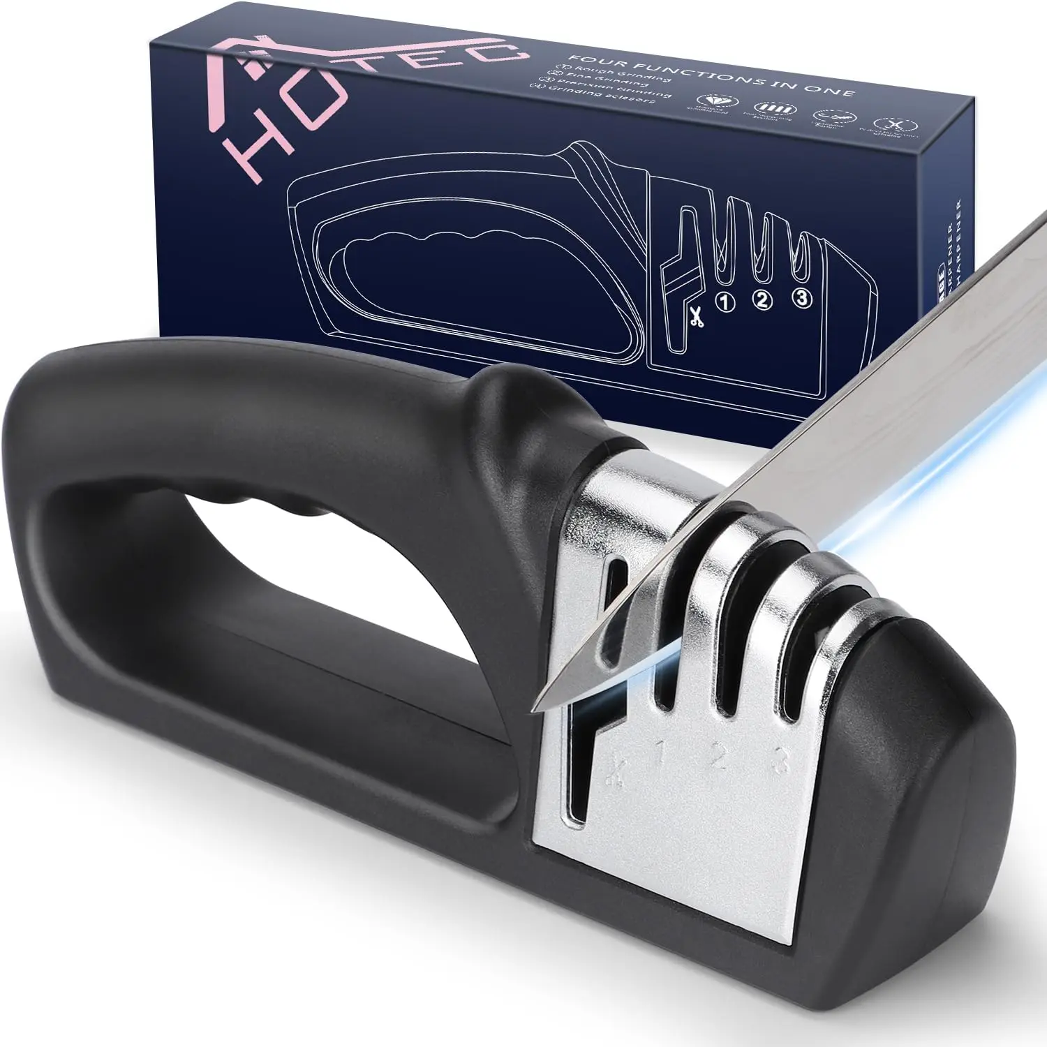 Compact 4-in-1 Manual Kitchen Knife Sharpener for Beginners, Multi-Stage Kitchen Accessory with Tungsten Carbide Plates & Rods, Synthetic Ceramic Stone for Knives