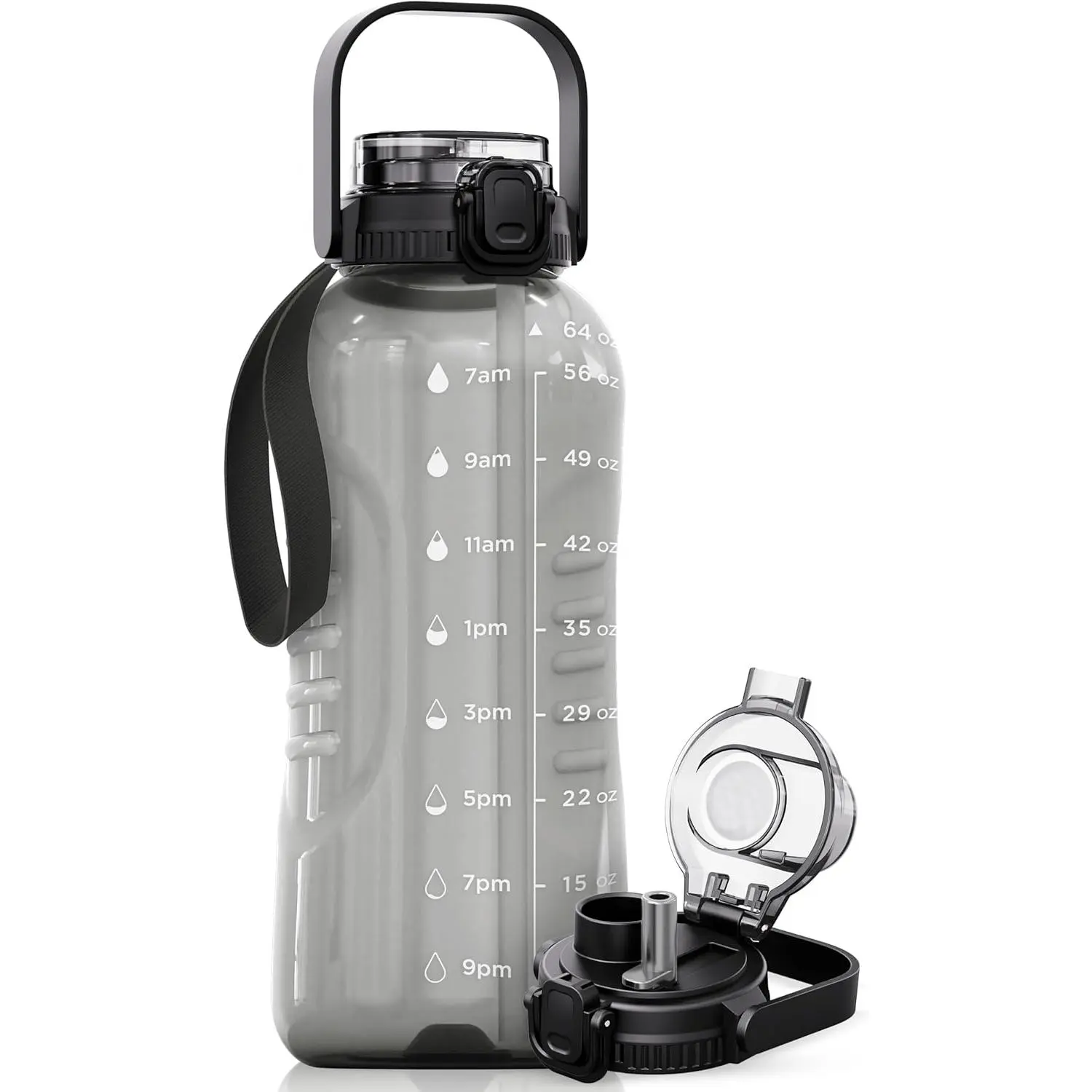 64 oz Water Bottle with Time Marker - 2in1 Straw & Chug Lid - BPA Free Big Water Bottle with Straw - Gym Water Bottle with Strap - Water Jug (64 Ounces, Gray) New model
