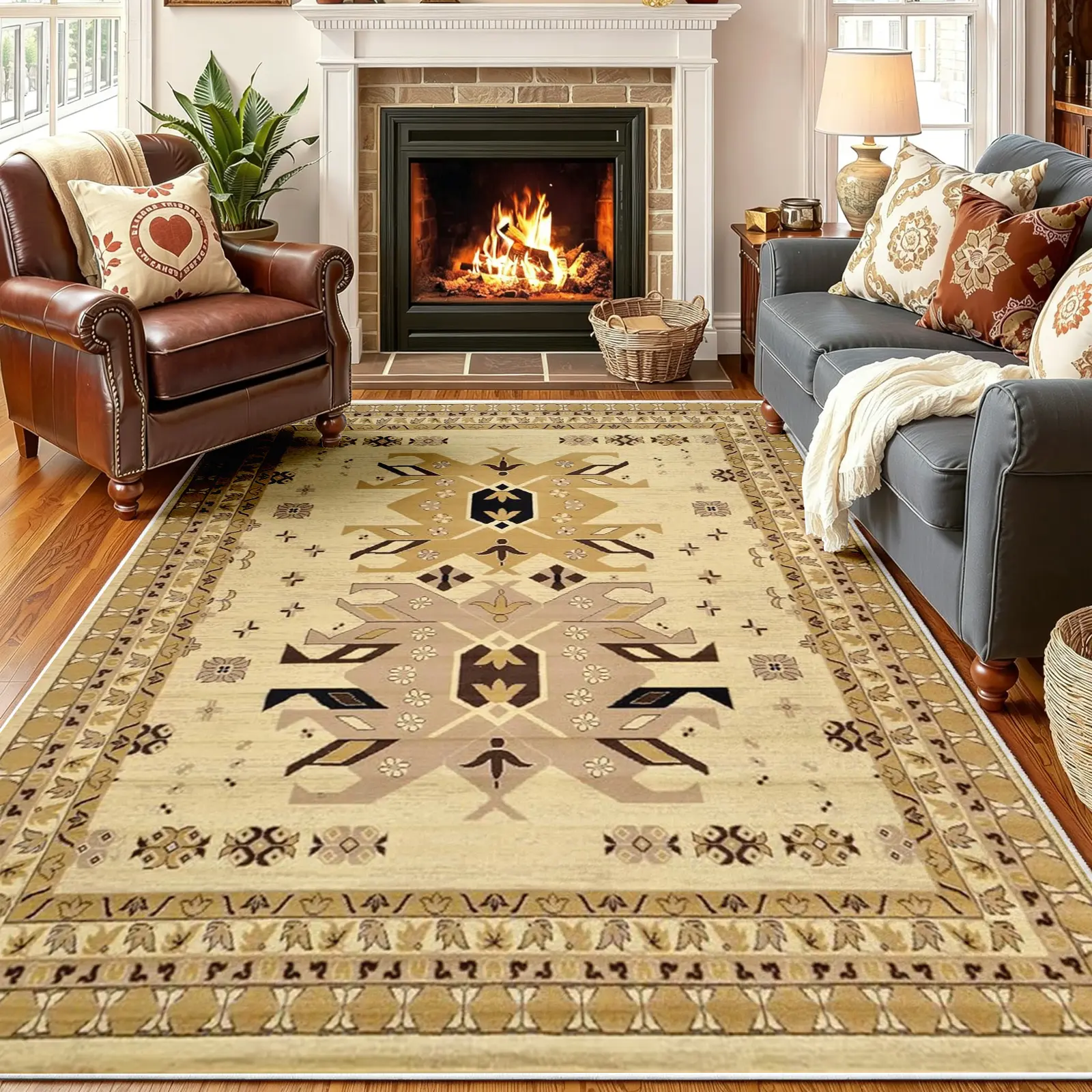 Neutral Scandi Area Rug, Cream Base with Symmetrical Geometric Tribal Motif and Beige Framed Border, Non-Slip Washable Carpet, Soft Durable Floor Mat, Aesthetic Rugs for Living Room Bedroom Home Decor, 8 x 10 ft Area Rugs