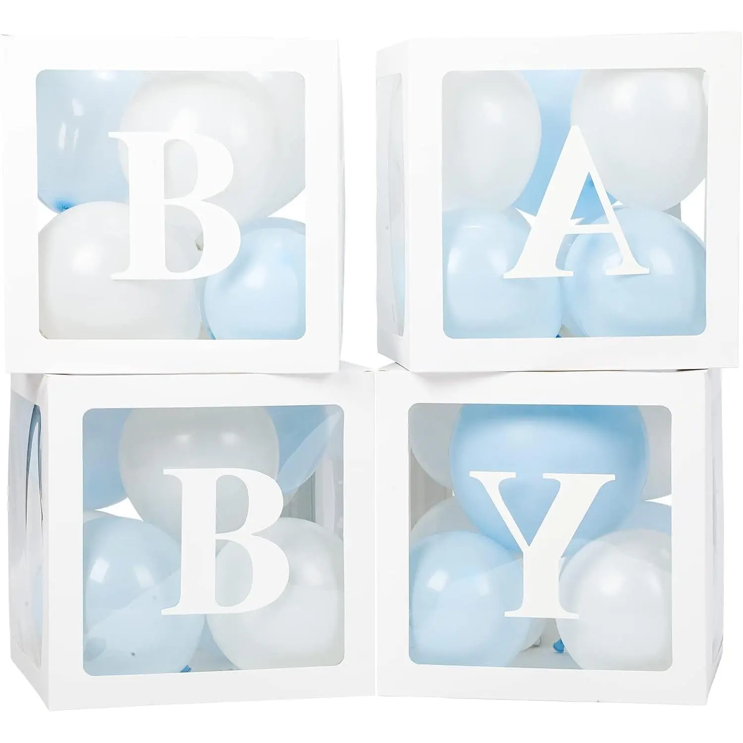 Boxes with Letters for  Shower, 4 Transparent Balloon Boxes with Letters for  Birthday Wedding  Shower Decorations(Blue and White Balloons)